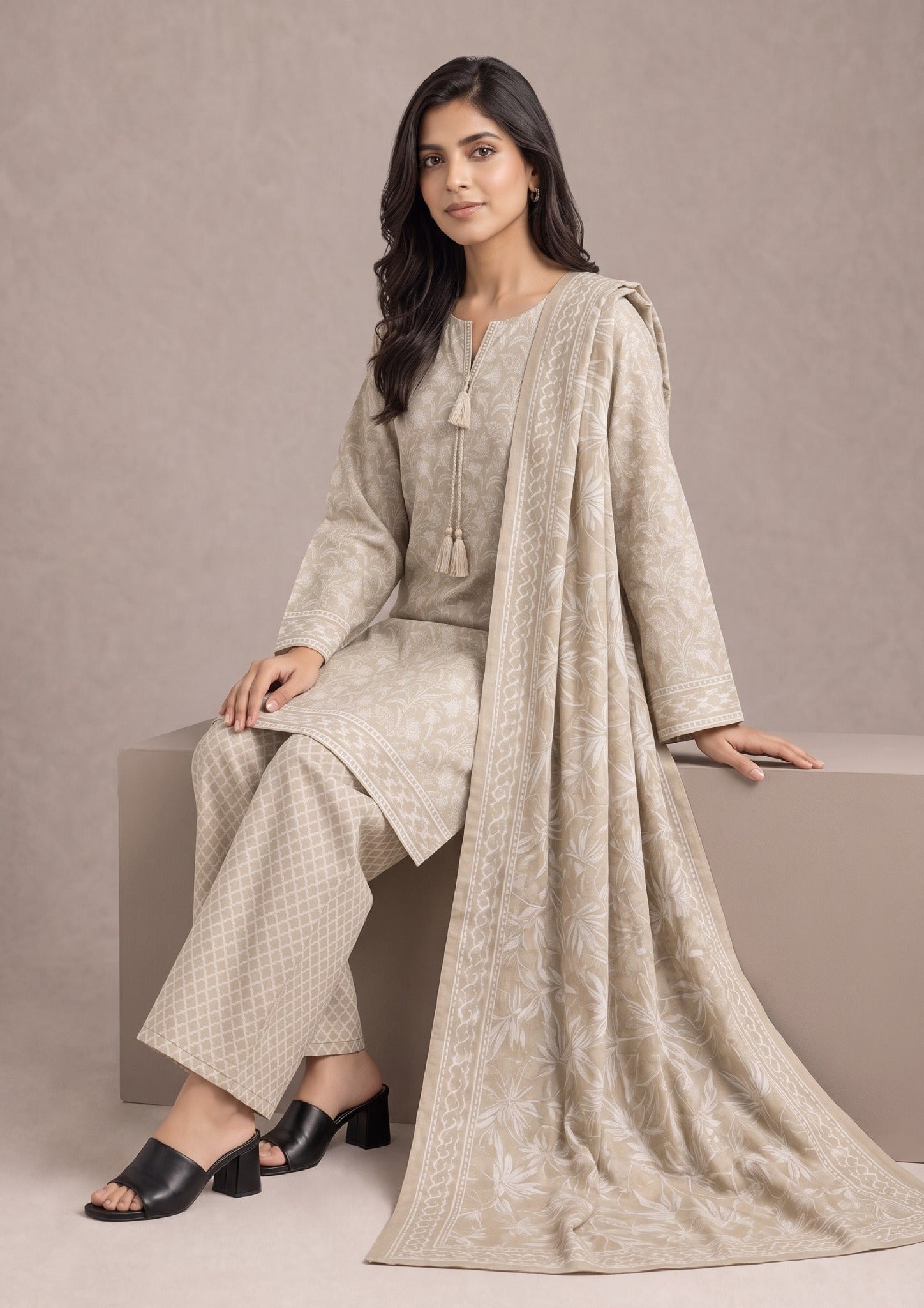 Seated editorial view of Desert Sands 3 Piece Stitched Printed Lawn Suit showcasing premium printed lawn fabric, dupatta drape and soft everyday styling.