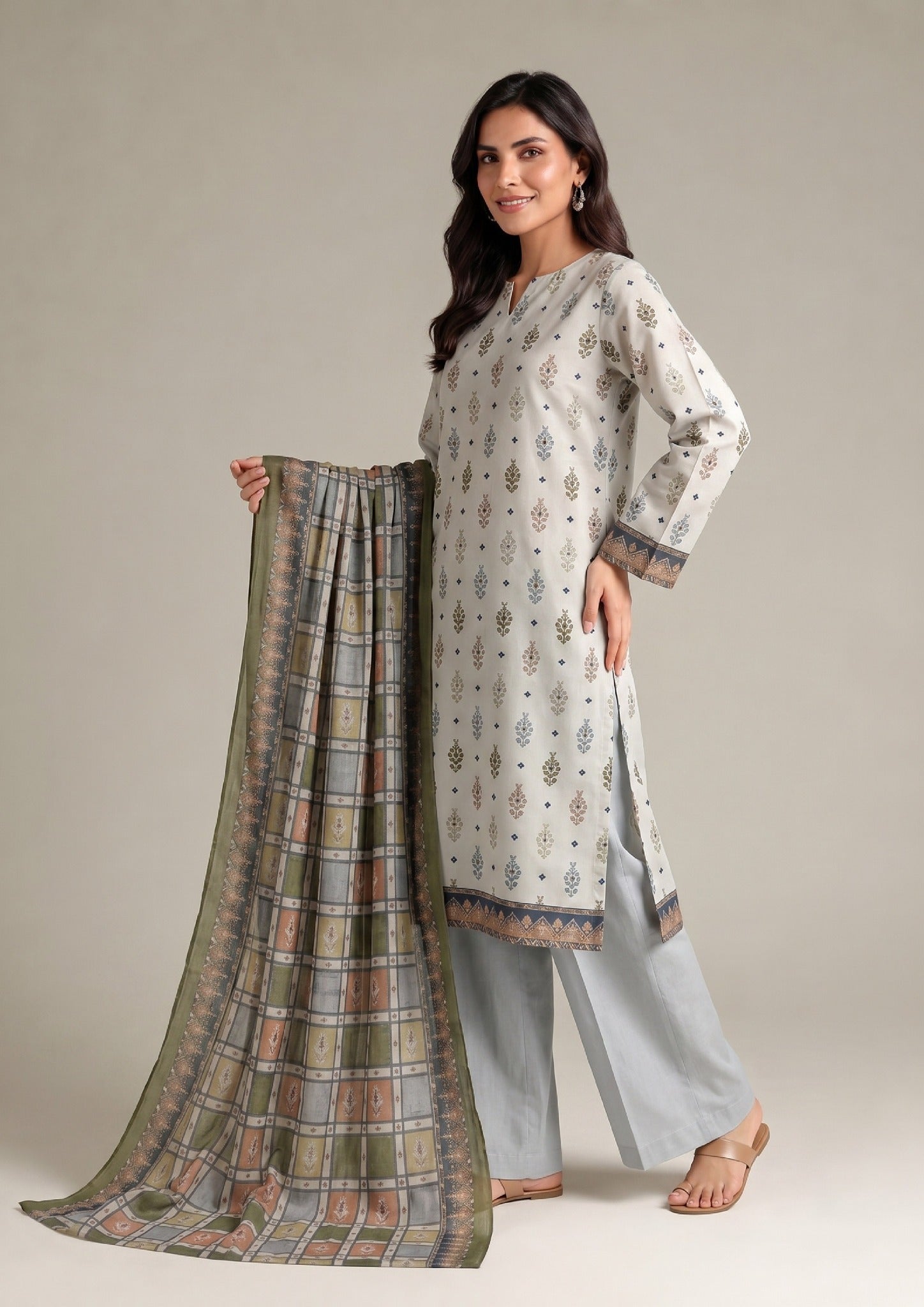 Desert Serenity 3 Piece Stitched Lawn Suit front view by Mirasl