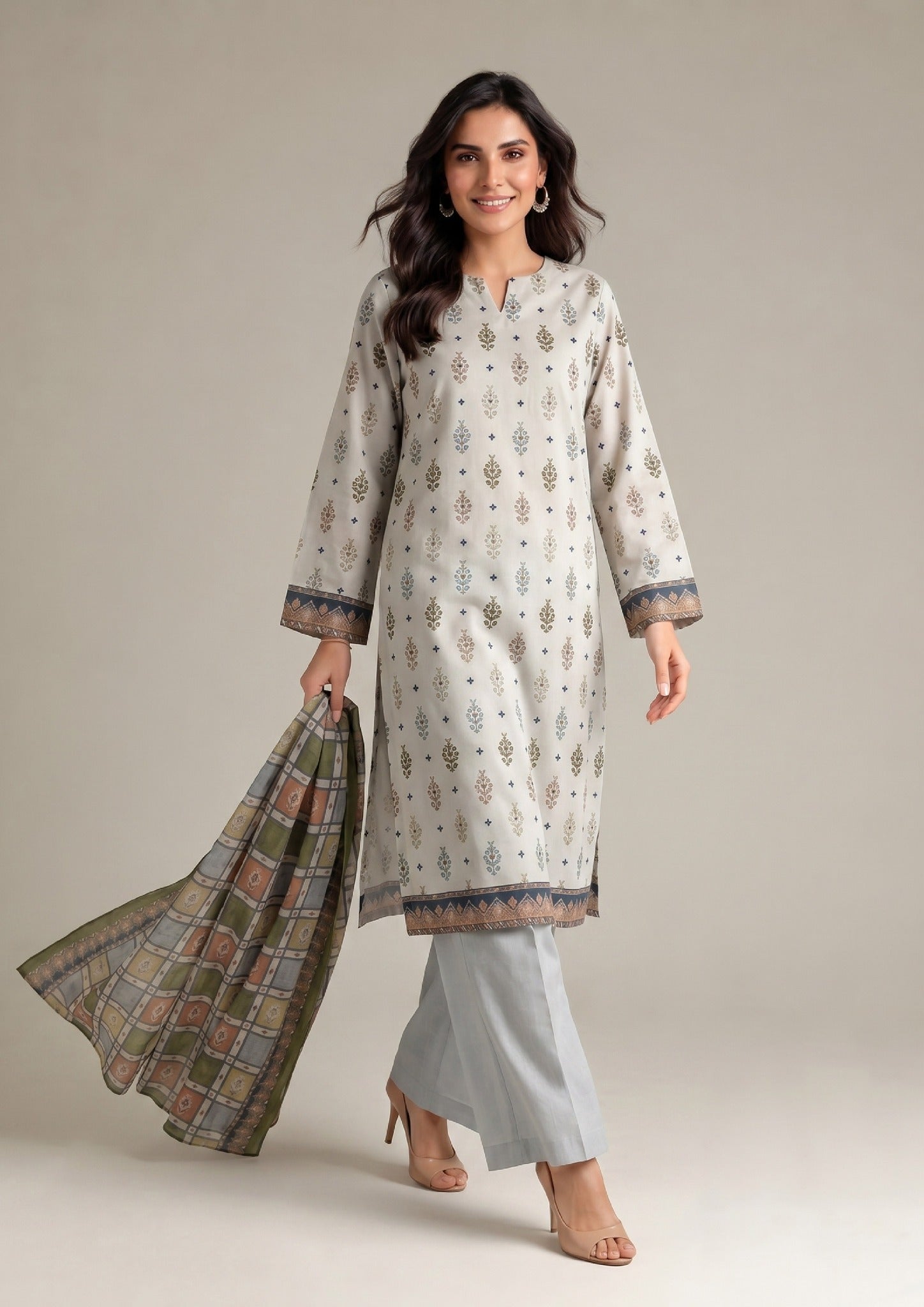 Side profile of Desert Serenity with printed dupatta