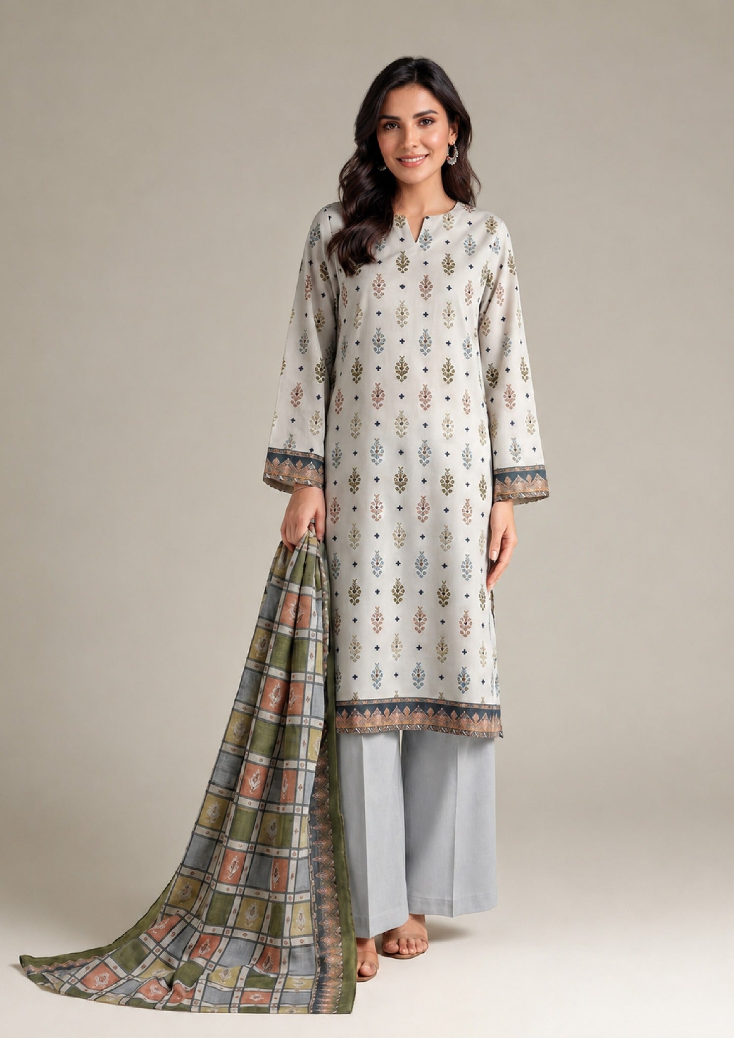 Detailed front view of Desert Serenity 3 Piece Stitched Lawn Suit