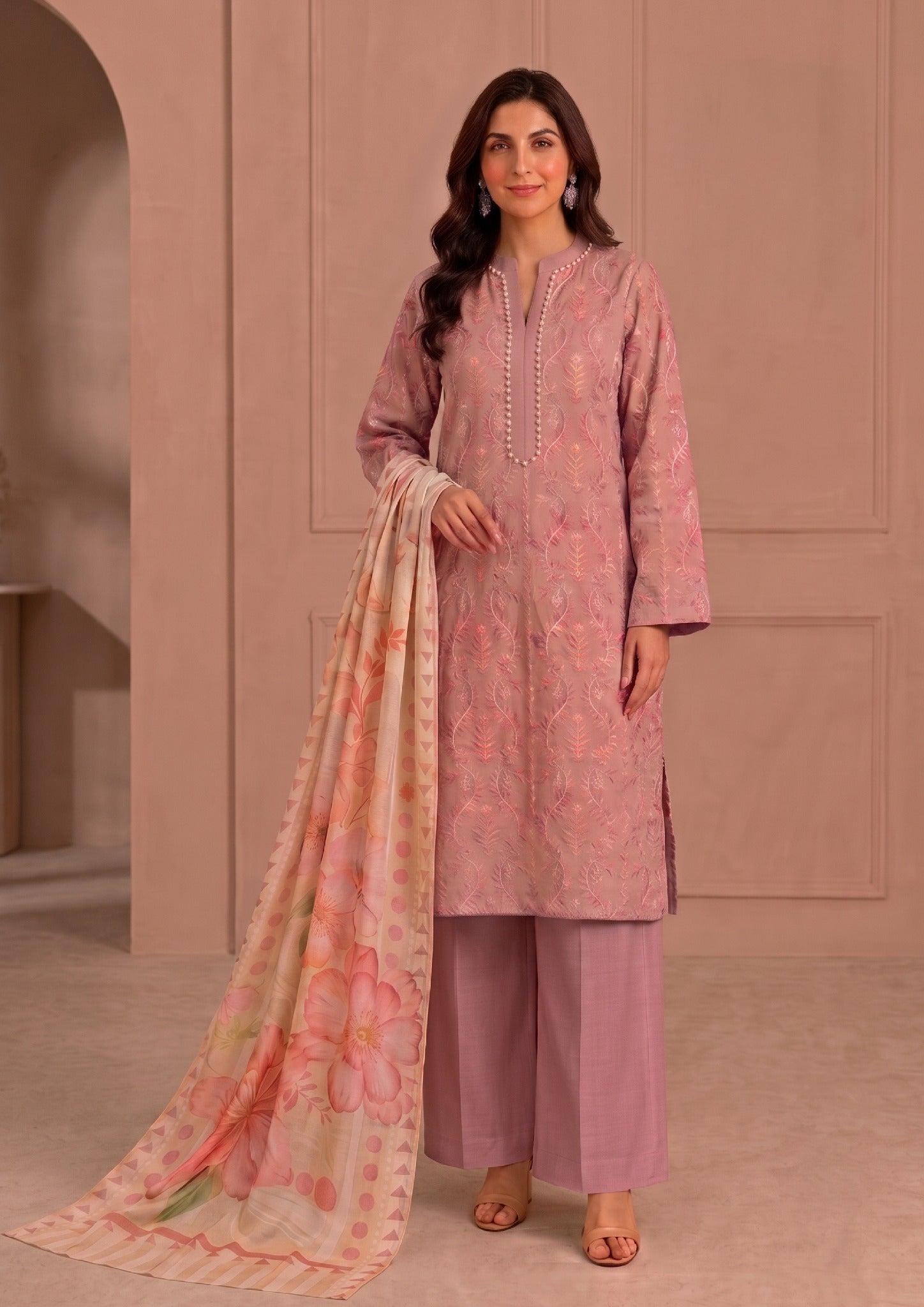 Dusty Rose Jacquard Lawn Shirt with Printed Georgette Dupatta from the Fasl-e-Rang Collection by Mirasl