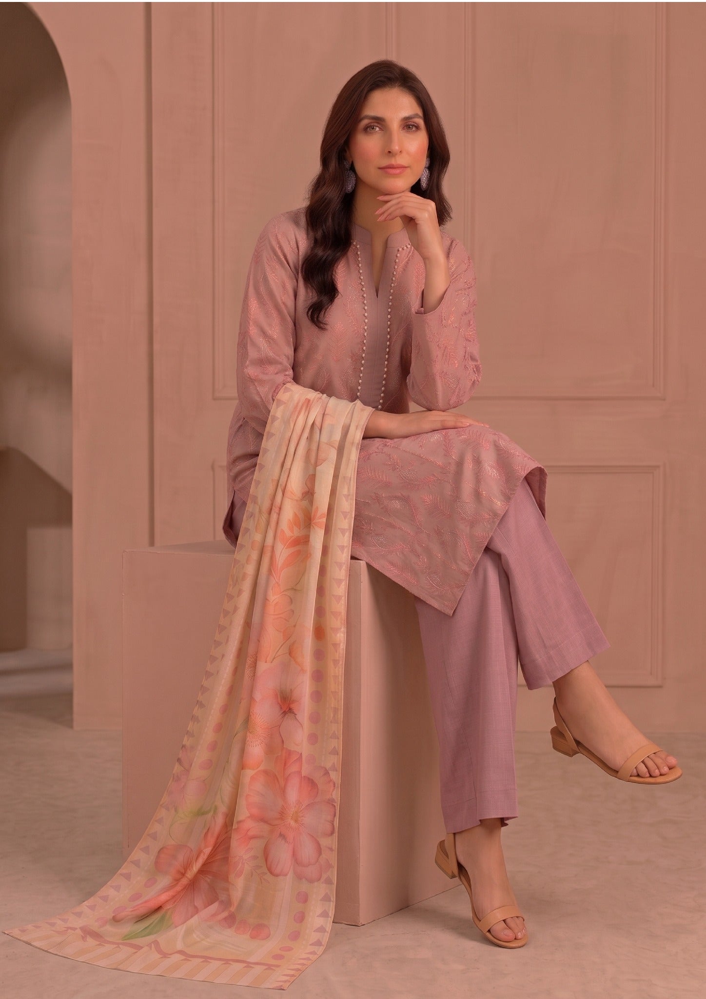 Dusty Rose Floral Printed Georgette Dupatta Detail from the Fasl-e-Rang Collection by Mirasl