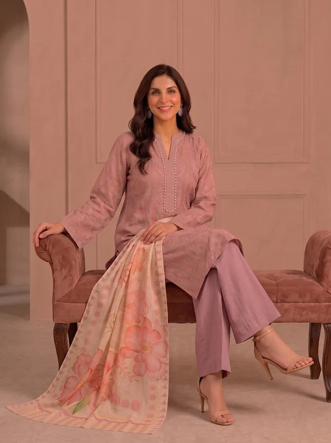 Dusty Rose Elegant Seated Look in 3 Piece Stitched Embroidered Suit from the Fasl-e-Rang Collection by Mirasl