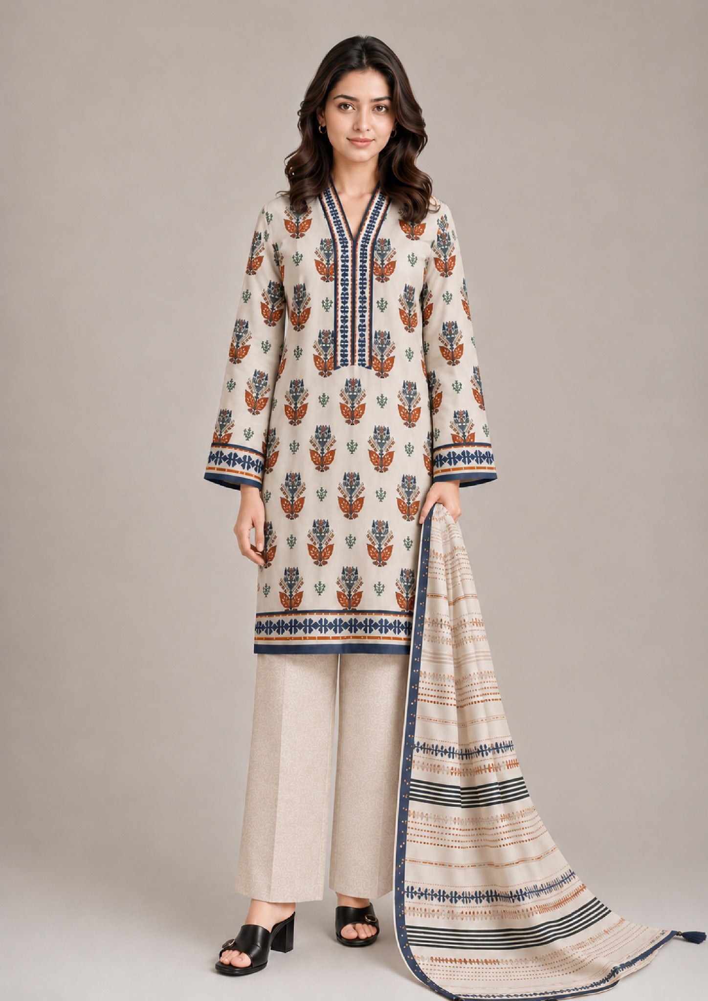 Earthen Motif 3 Piece Stitched Lawn Suit by Mirasl from the fasl-e-rang collection front view