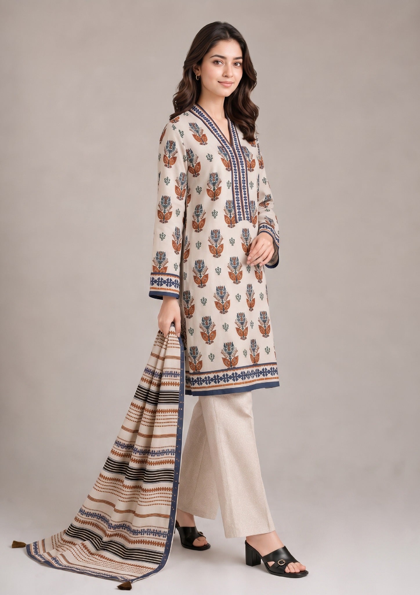 Earthen Motif Printed Cambric Lawn Suit with printed dupatta by Mirasl