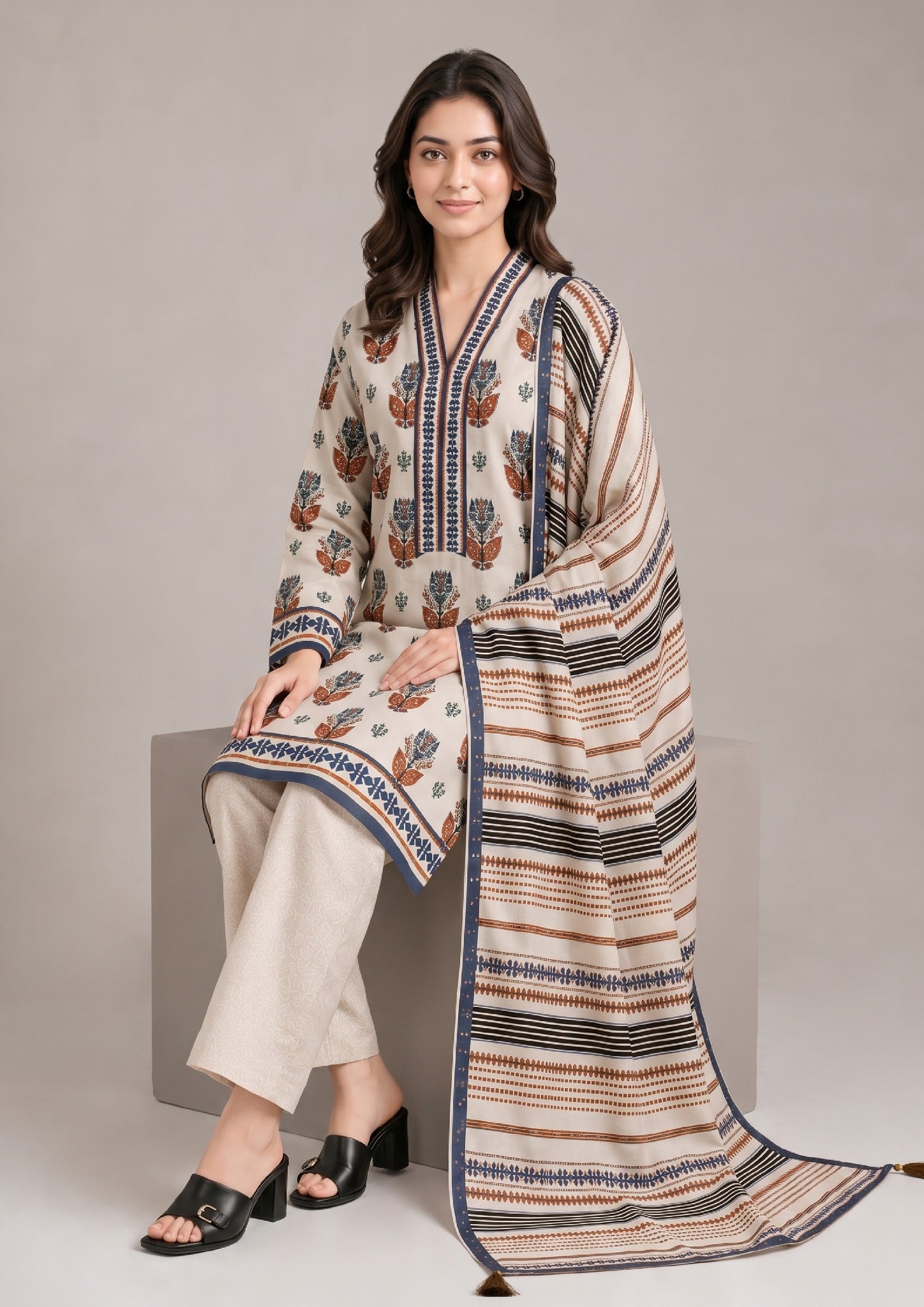 Earthen Motif Pakistani Ready to Wear Lawn Suit seated view