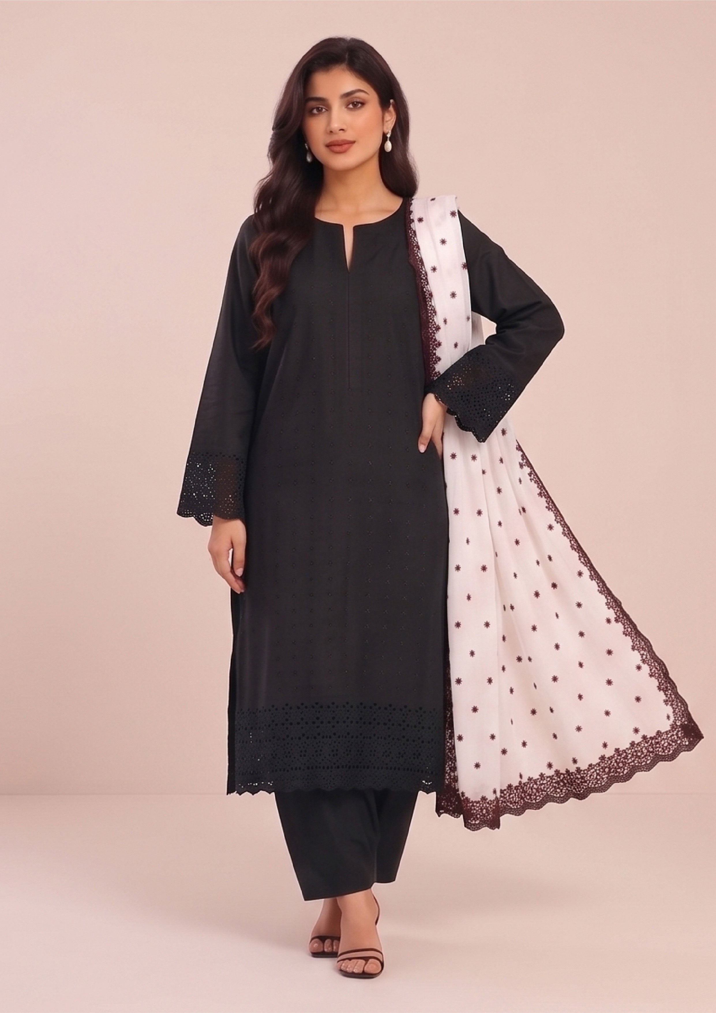 Embroidered 3 piece lawn suit for Pakistani women in black with white dupatta by Mirasl