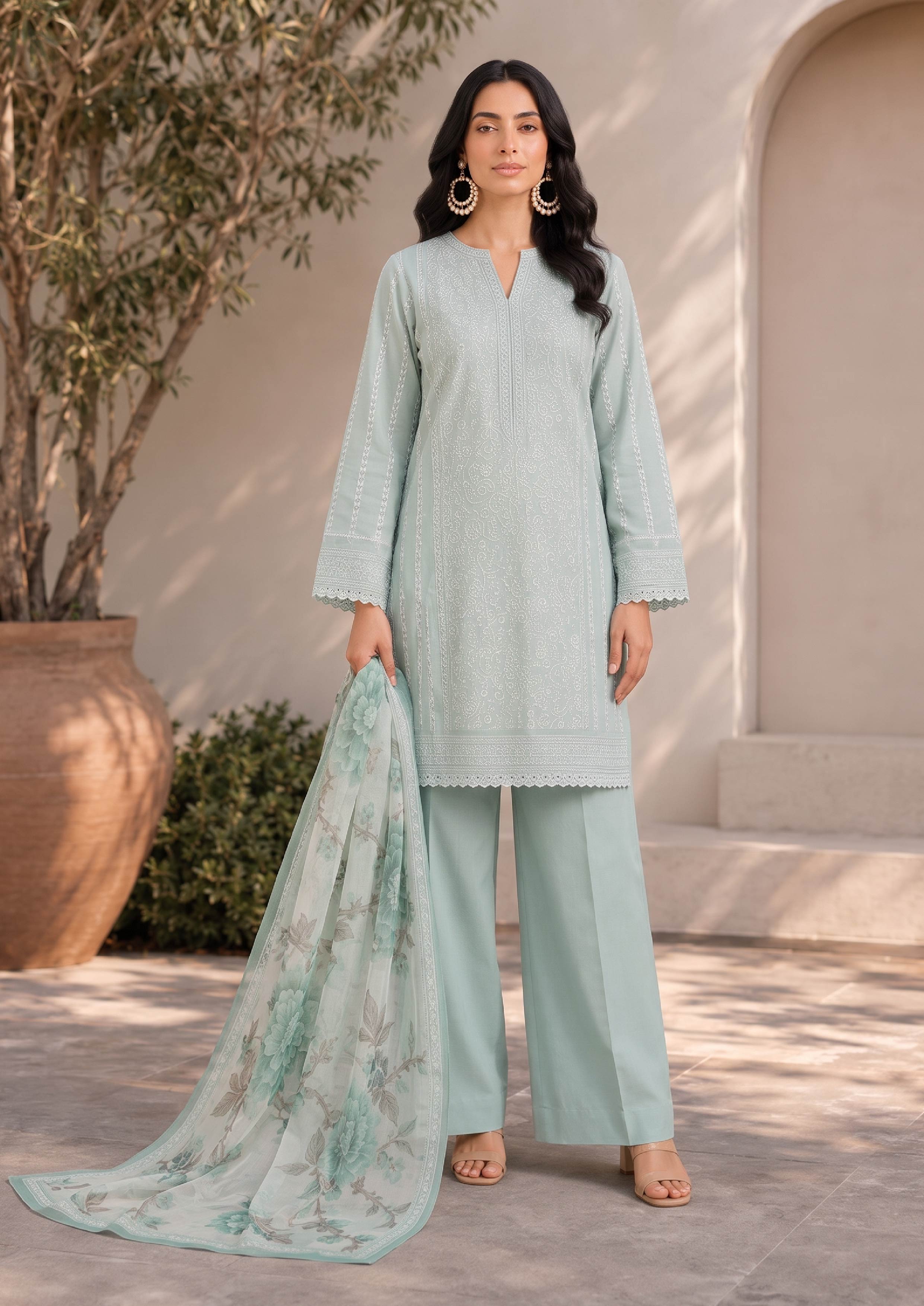 Full front view of a Pakistani embroidered lawn suit featuring a mint green embroidered shirt, white floral printed dupatta, and mint green palazzo trousers for women's luxury summer wear – fasl-e-rang – mirasl