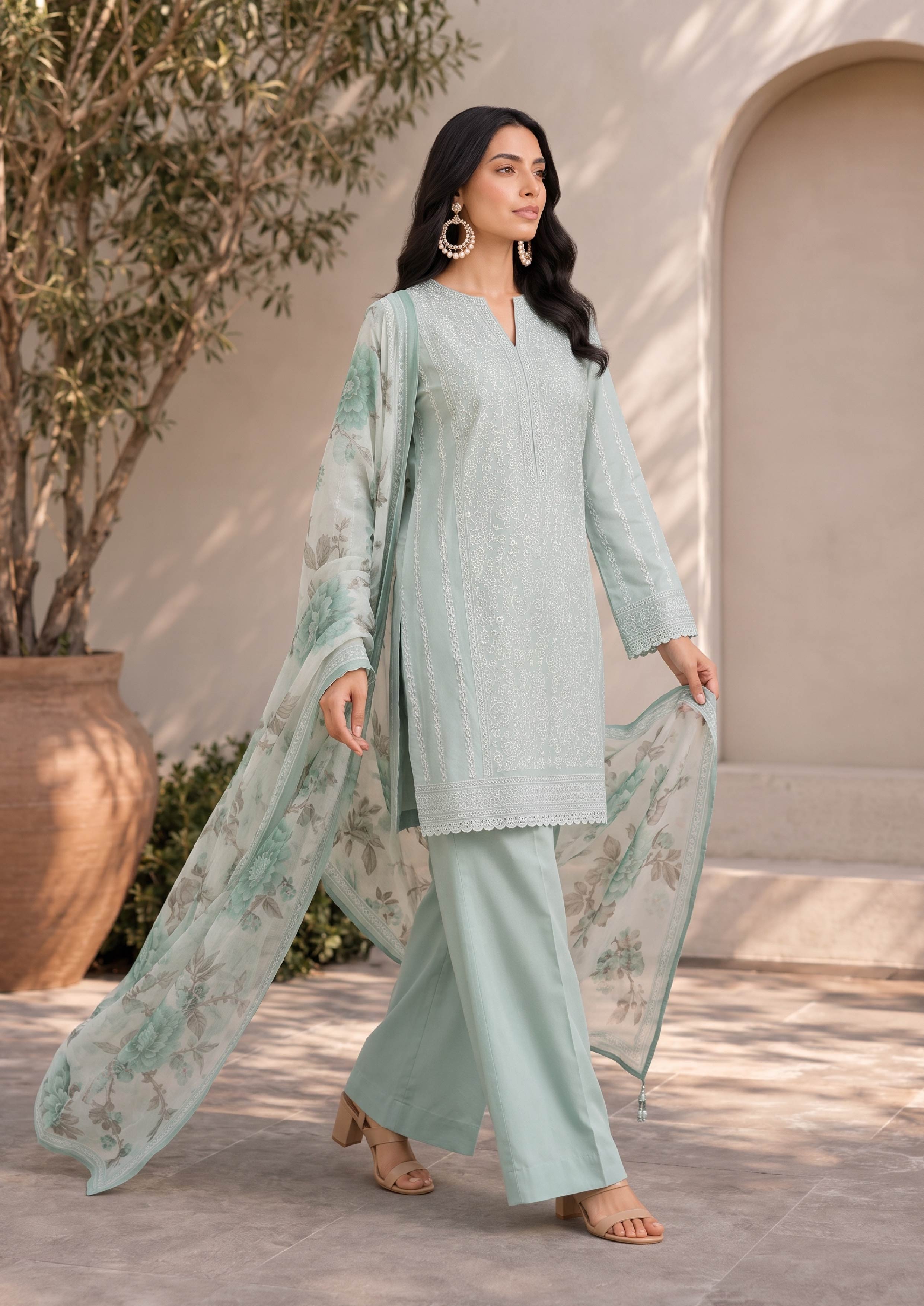Elegant embroidered lawn suit in mint green with a white floral printed dupatta and mint green palazzo trousers, captured in a graceful walking pose for Pakistani summer fashion – fasl-e-rang – mirasl