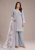 Women's embroidered lawn suit in pearl grey and mist grey with a soft lilac floral printed dupatta, front standing view featuring elegant Pakistani summer fashion from the fasl-e-rang collection by mirasl.