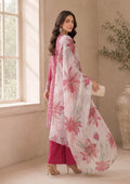 Rear three-quarter view of a rose pink embroidered lawn suit with a white floral printed dupatta and dark pink palazzo pants, showcasing elegant summer styling – fasl-e-rang – mirasl