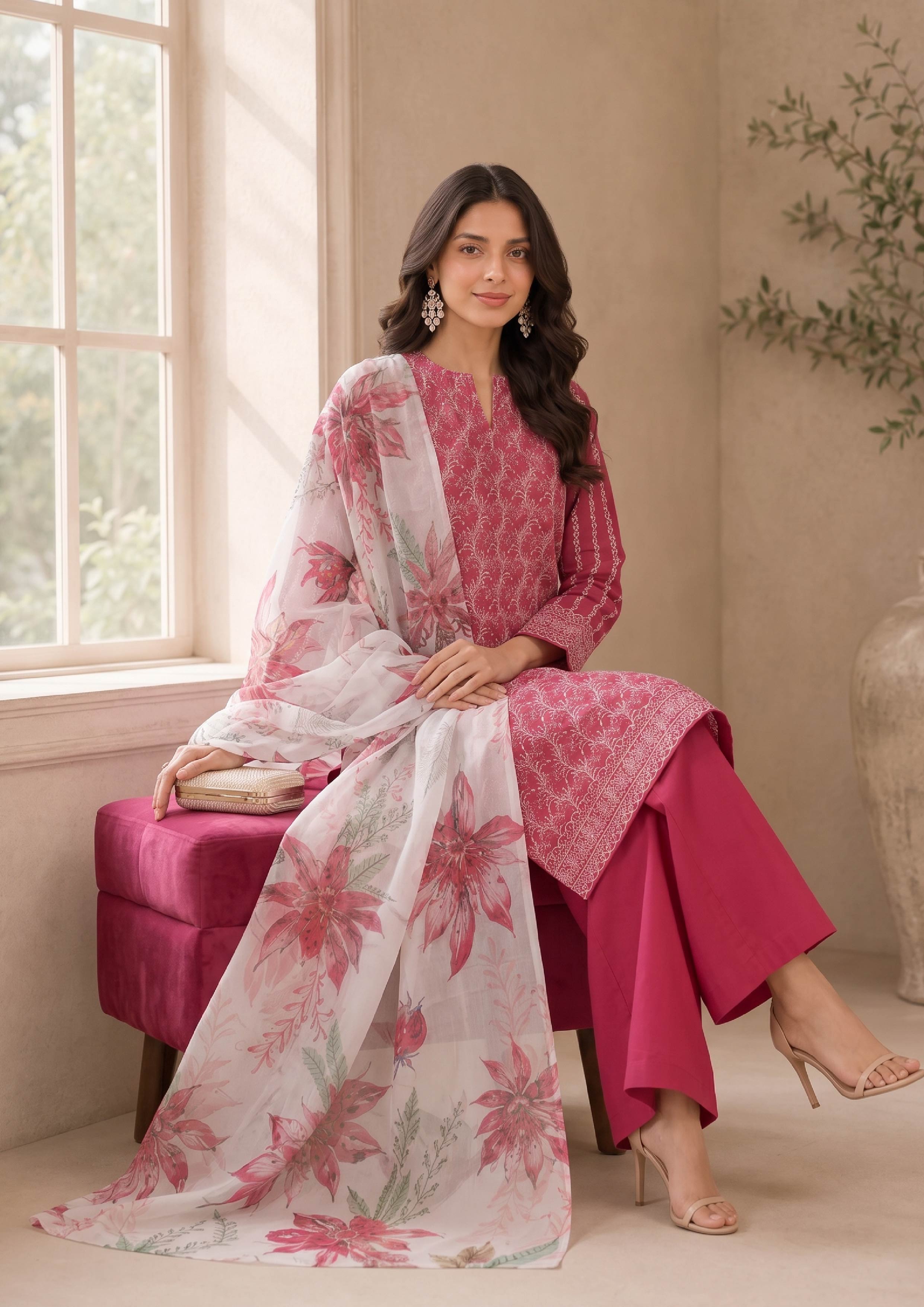 Elegant embroidered lawn suit in rose pink with a white floral printed dupatta and dark pink palazzo trousers, seated front pose for Pakistani women's summer fashion – fasl-e-rang – mirasl