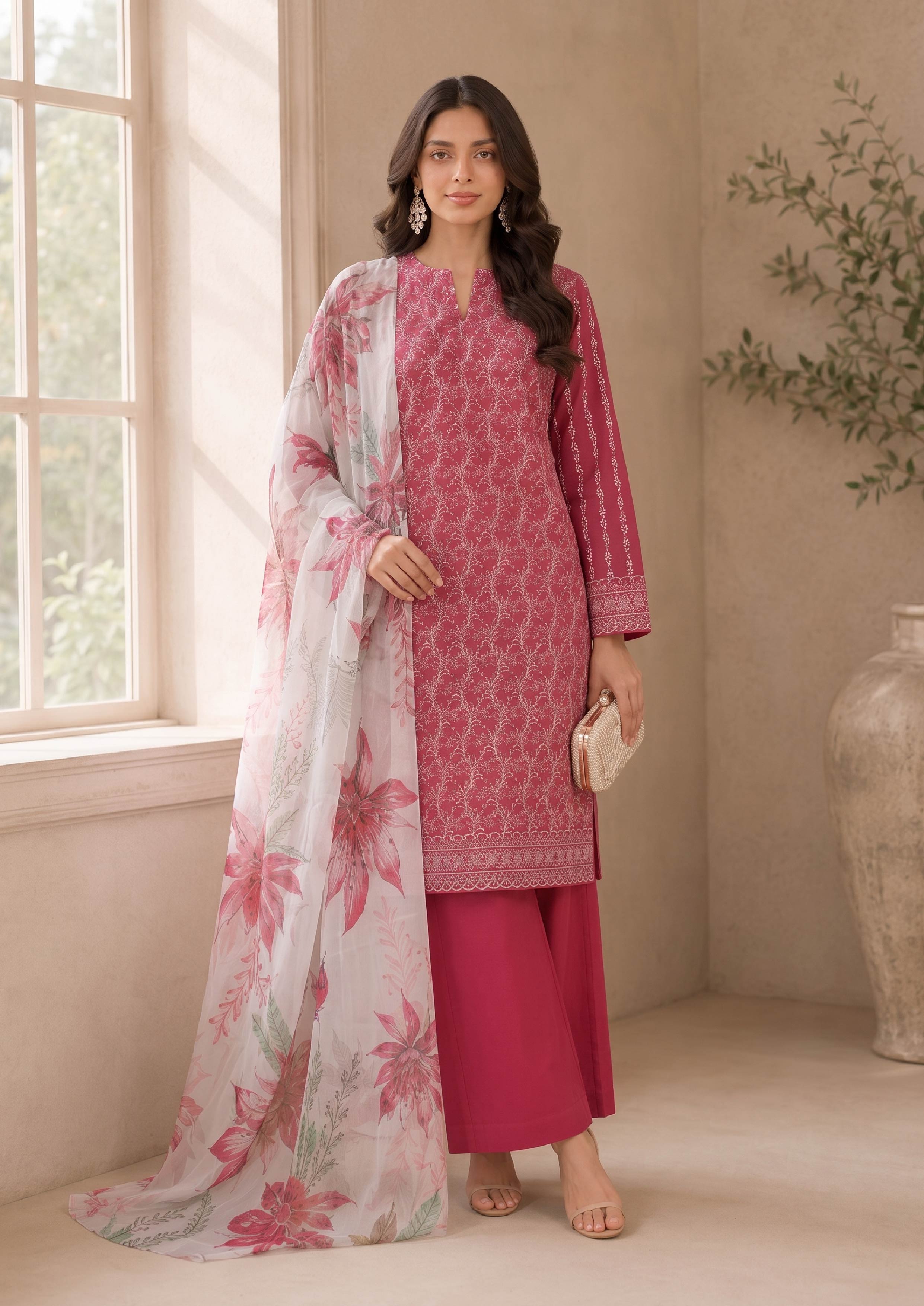 Full-length front view of a Pakistani embroidered lawn suit in rose pink with a white floral dupatta and dark pink palazzo trousers, perfect for festive summer wear – fasl-e-rang – mirasl