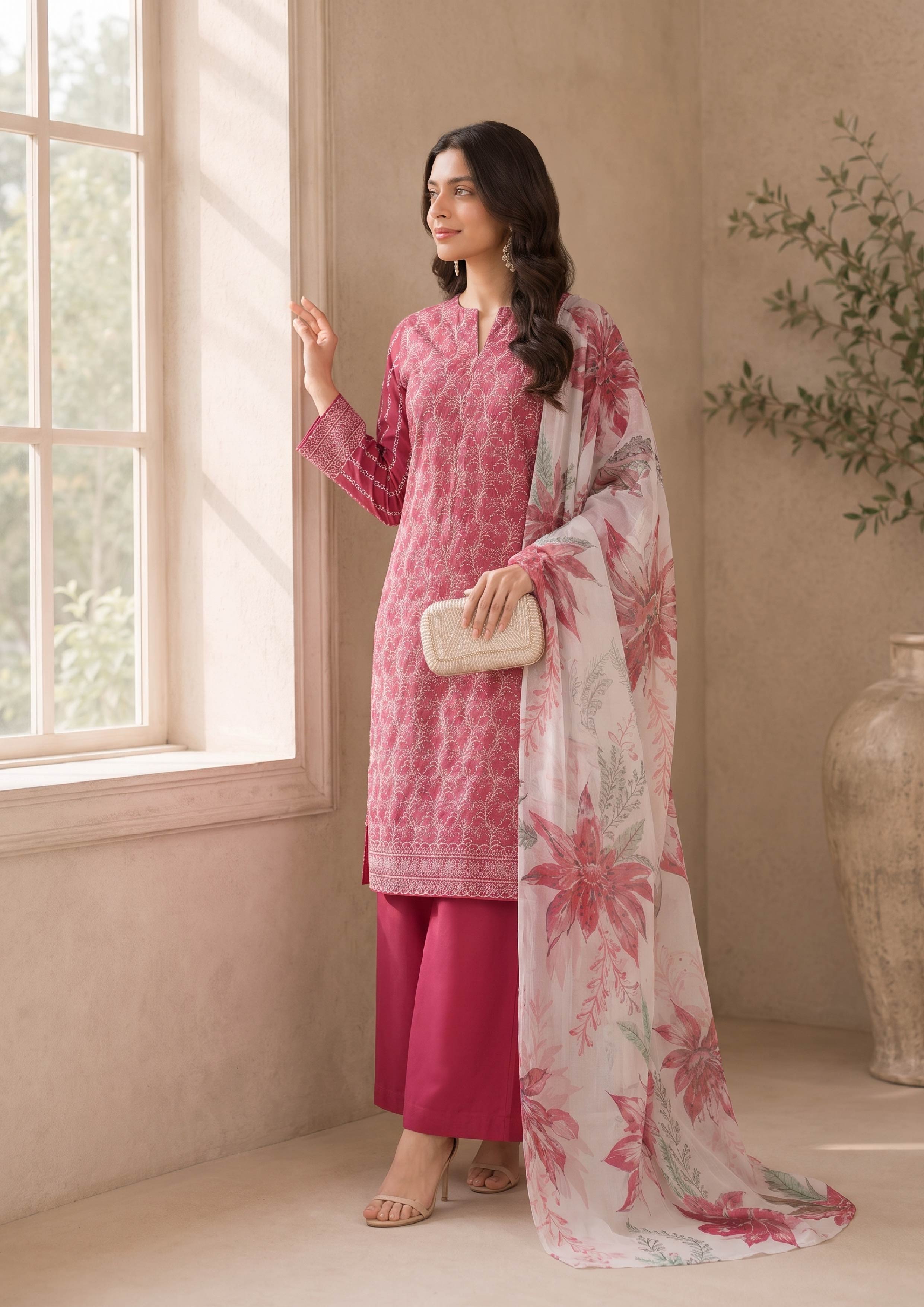 Stylish side pose of a rose pink embroidered lawn suit paired with a white floral printed dupatta and dark pink palazzo trousers for modern Pakistani women – fasl-e-rang – mirasl