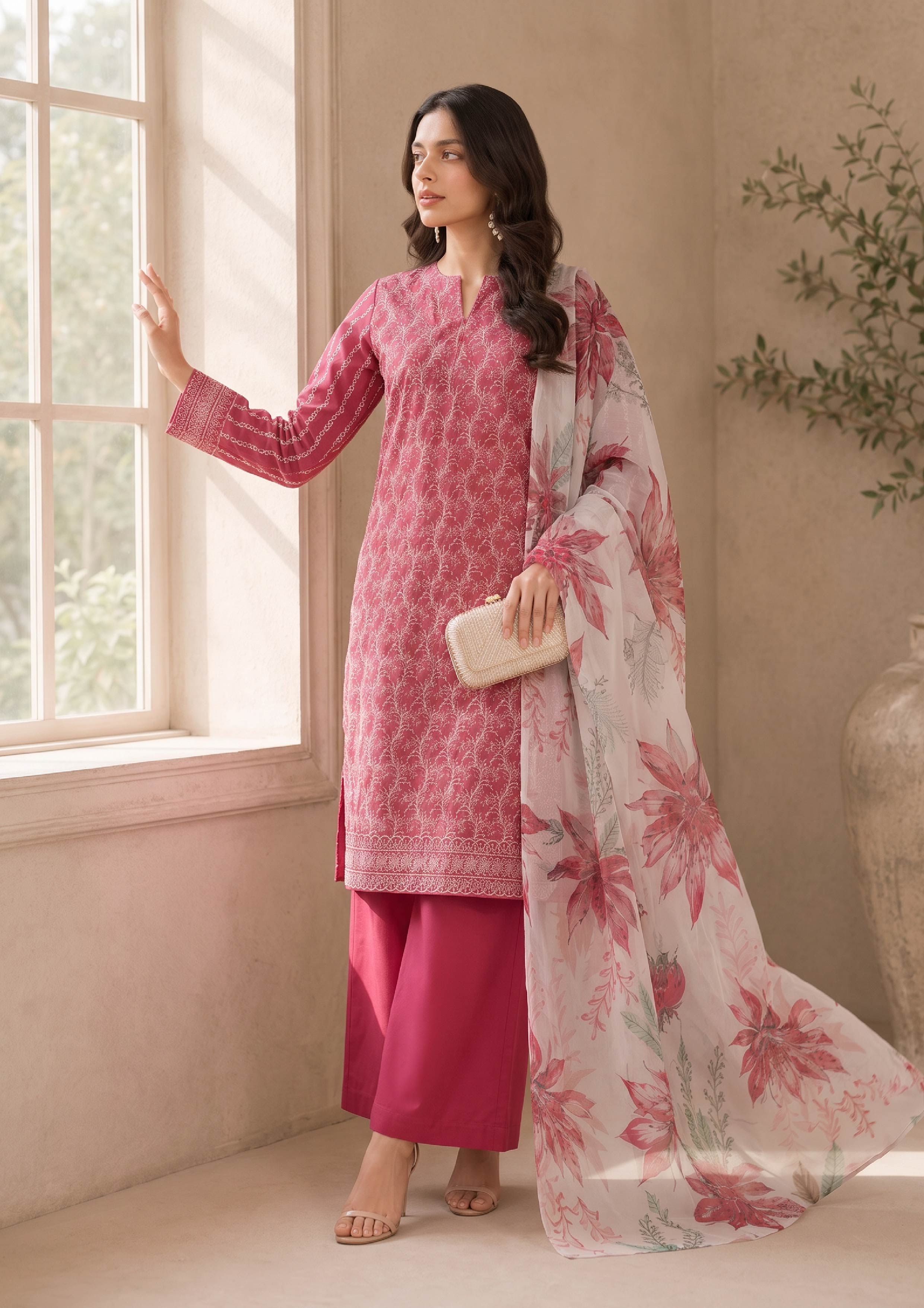 Pakistani embroidered lawn suit featuring a rose pink embroidered shirt, white floral chiffon dupatta, and dark pink palazzo trousers in a graceful standing window pose – fasl-e-rang – mirasl
