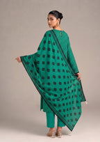 Front standing view of Emerald Geo 3 Piece Stitched Lawn Suit showing emerald Printed Lawn shirt and printed dupatta.
