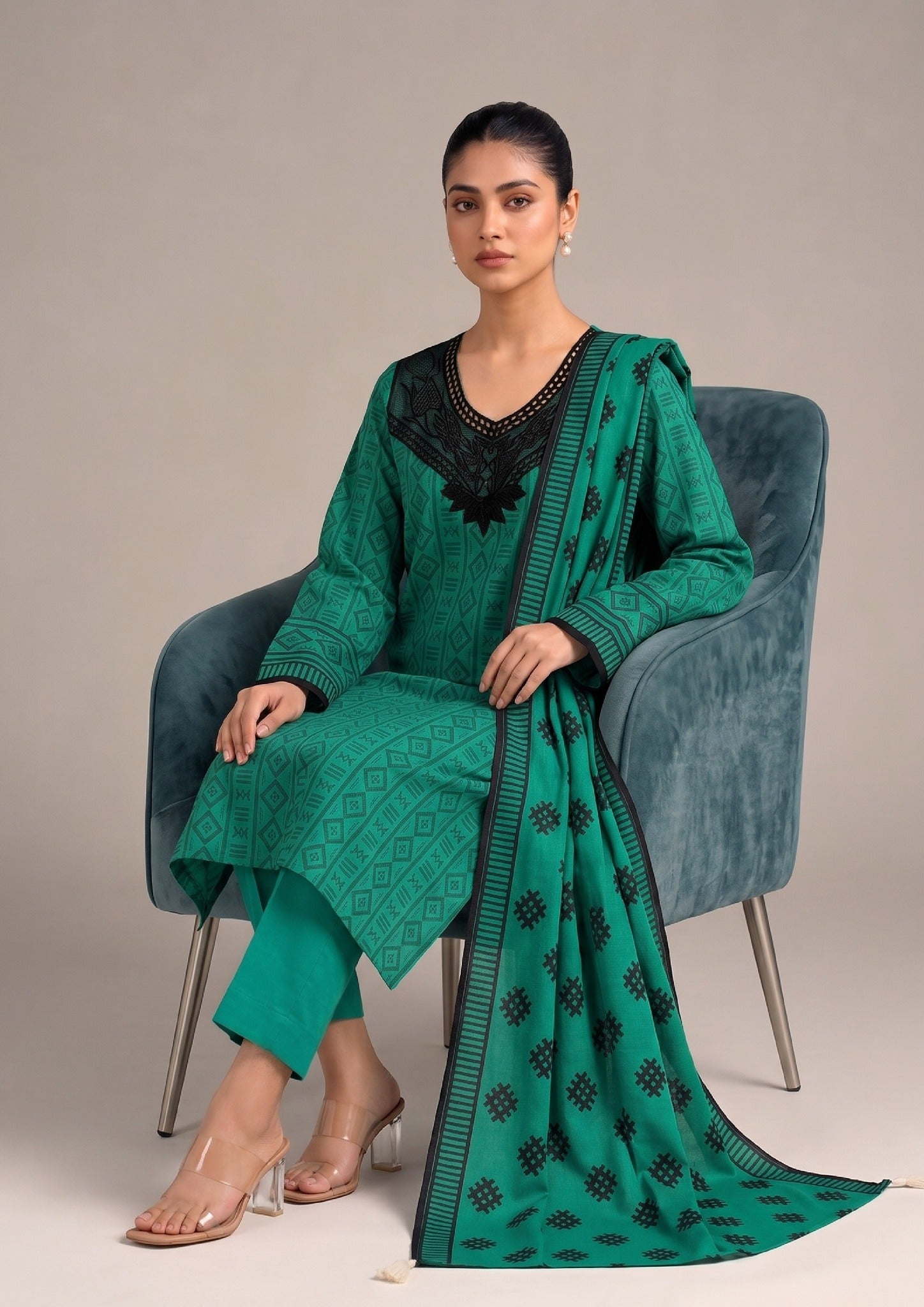 Side detail of Emerald Geo 3 Piece Stitched Lawn Suit from the fasl-e-rang collection by Mirasl, highlighting Printed Lawn geometric motifs.