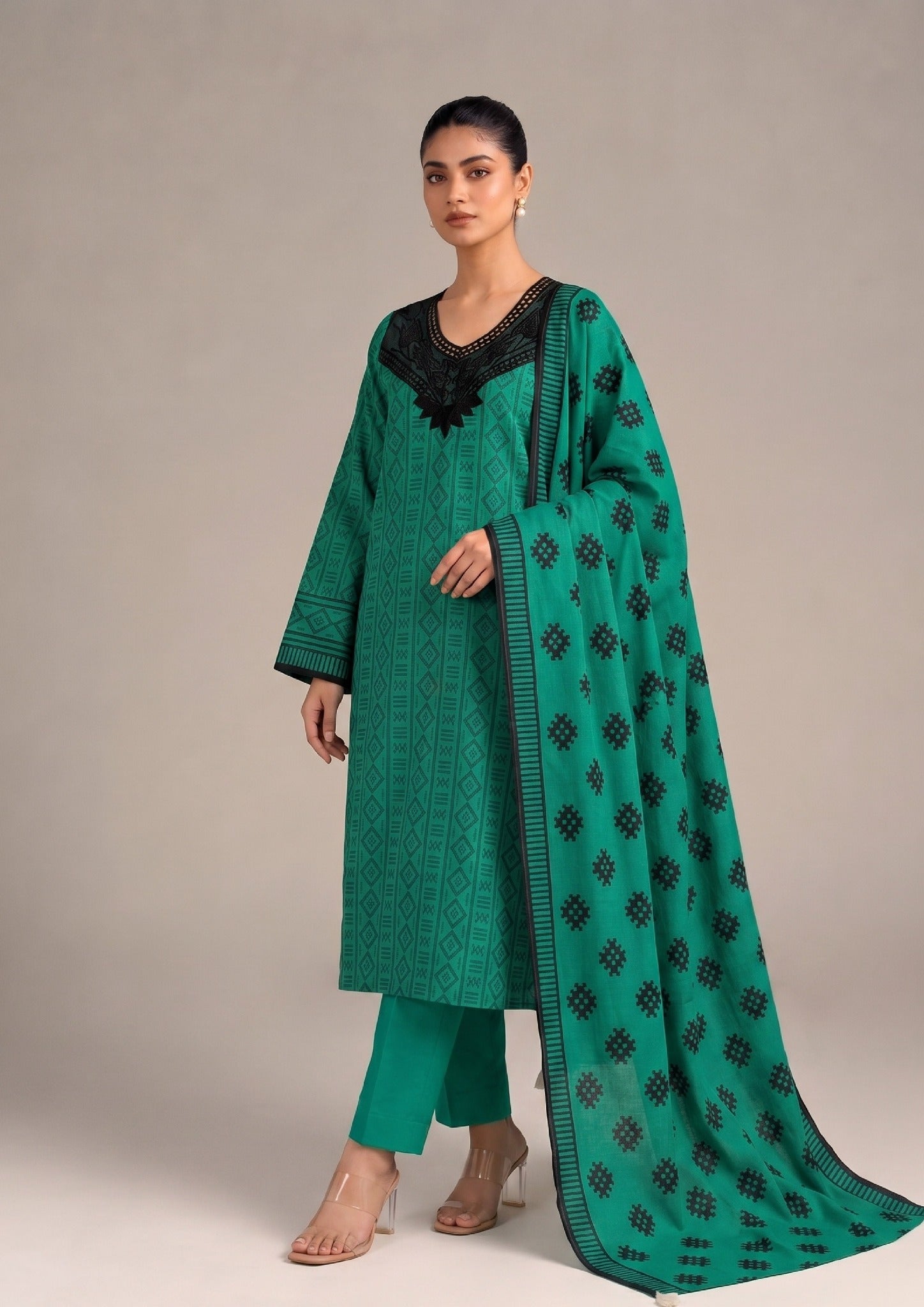 Rear view of Emerald Geo 3 Piece Stitched Lawn Suit by Mirasl showing printed dupatta and emerald Printed Lawn outfit.