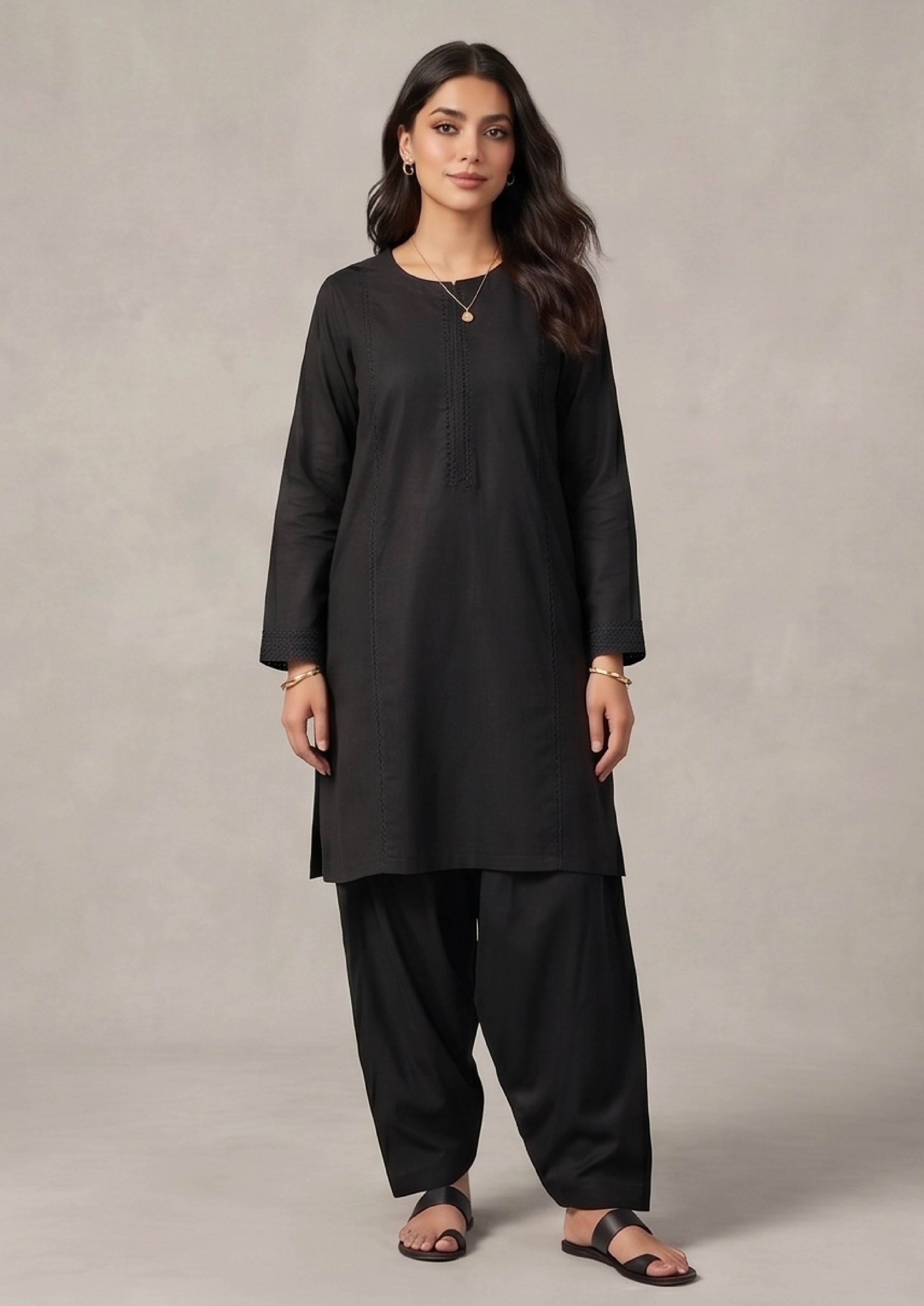 Essential Black Shalwar by Mirasl in midnight black traditional relaxed fit for modest daily wear