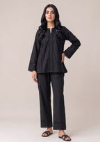 Essential Black Trouser by Mirasl in midnight black with straight relaxed fit and lace hem detail
