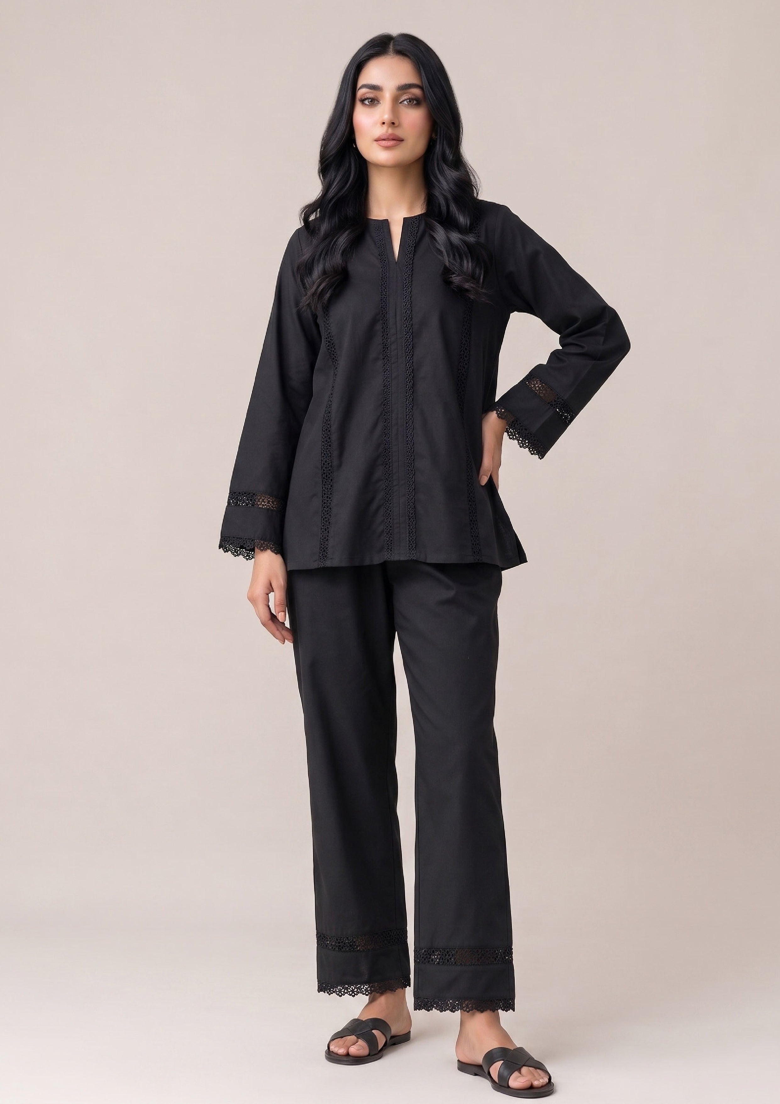 Essential Black Trouser by Mirasl in midnight black with straight relaxed fit and lace hem detail