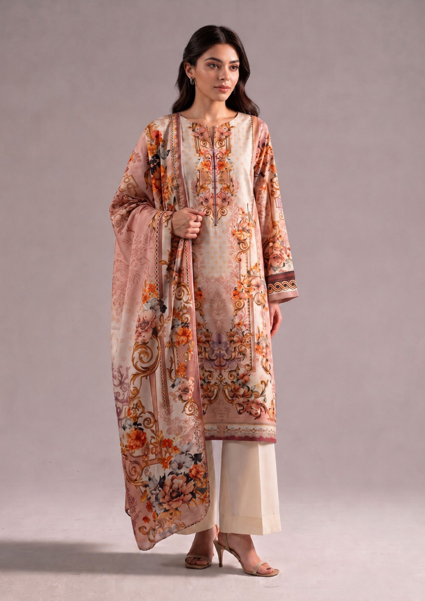 Ethereal 3 Piece Stitched Lawn Suit in Printed Lawn with cream peach floral print and matching dupatta by Mirasl