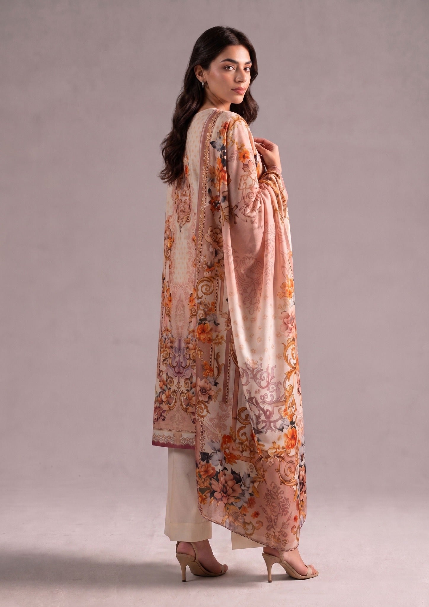 Ethereal Pakistani Lawn Suit featuring cream peach shirt, straight trouser, and coordinated printed dupatta