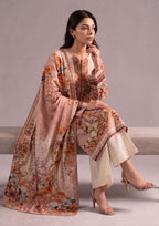 Side view of Ethereal stitched printed lawn suit with floral dupatta and cream trouser by Mirasl