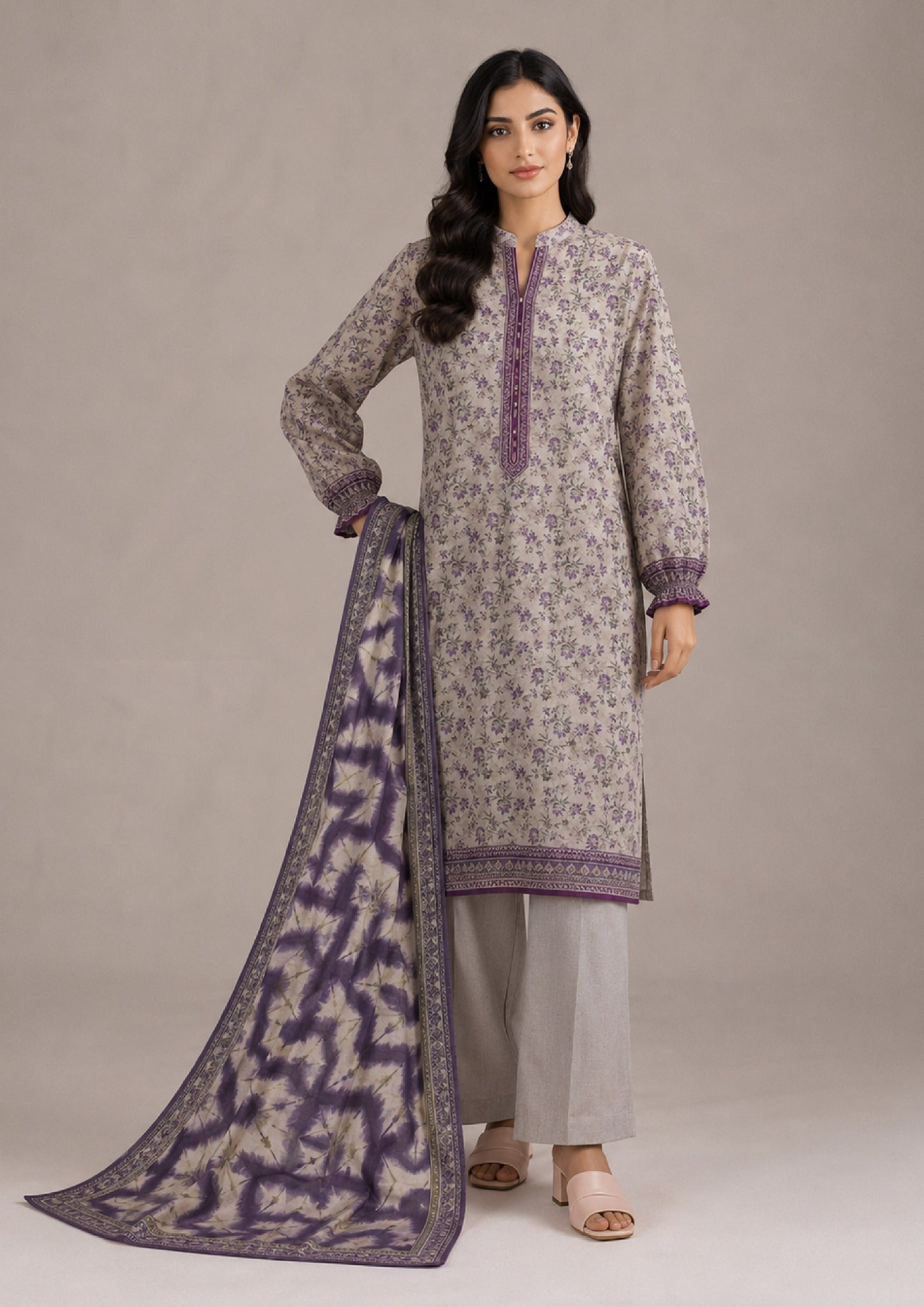 Ethereal Plum 3 Piece Stitched Lawn Suit by Mirasl from the fasl-e-rang collection with elegant floral Printed Lawn design
