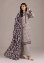 Front view of Ethereal Plum 3 Piece Stitched Lawn Suit featuring floral Printed Lawn shirt and printed dupatta