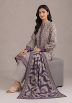 Seated view of Ethereal Plum 3 Piece Stitched Lawn Suit with matching printed dupatta and trousers