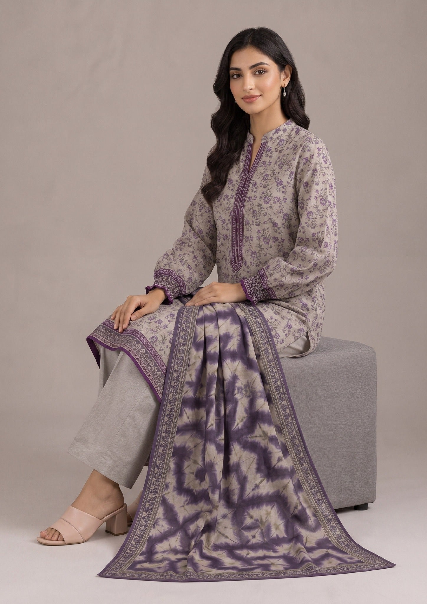 Seated view of Ethereal Plum 3 Piece Stitched Lawn Suit with matching printed dupatta and trousers