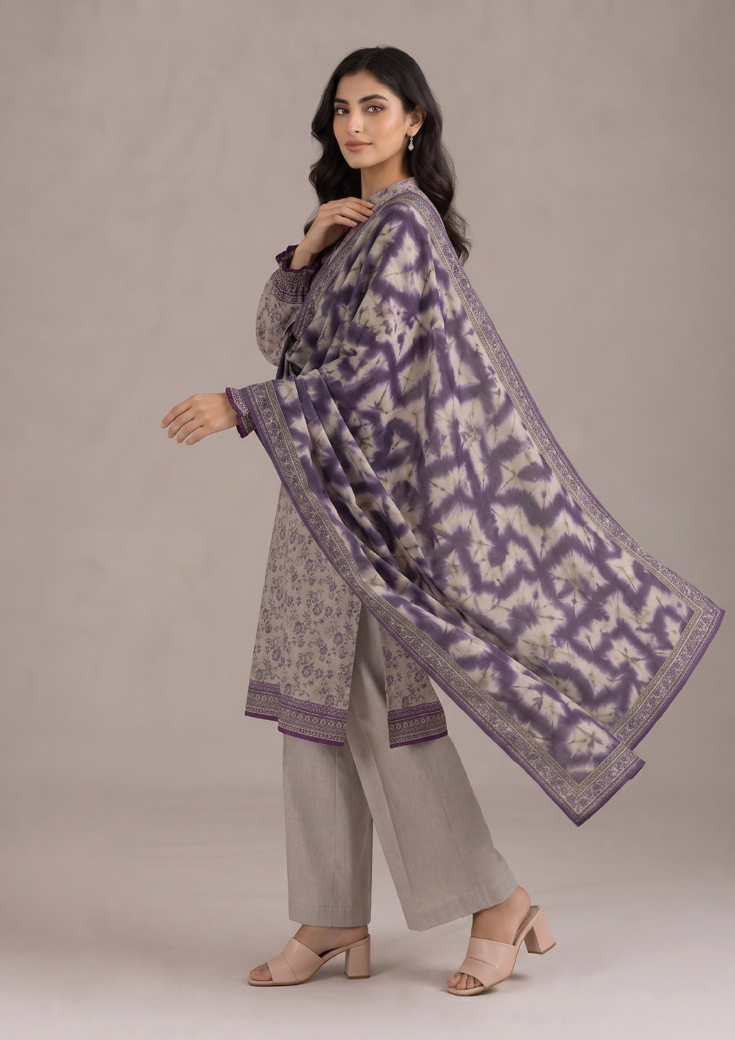 Side profile of Ethereal Plum 3 Piece Stitched Lawn Suit showcasing the printed dupatta