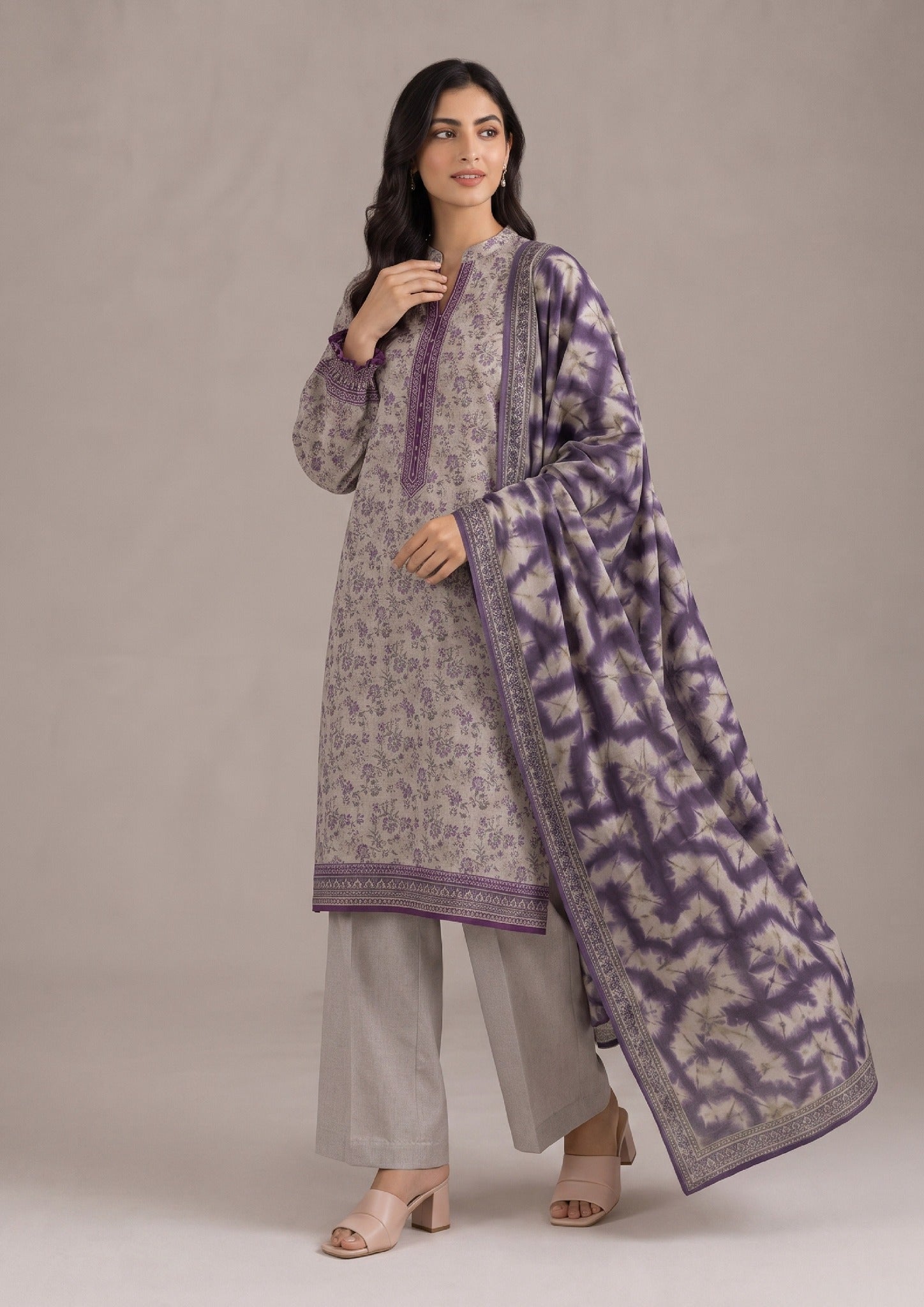 Elegant Pakistani 3 Piece Stitched Lawn Suit in Printed Lawn Ethereal Plum by Mirasl