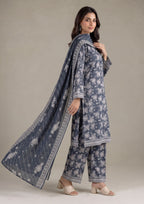 Front detail view of Ethereal Shadow 3 Piece Stitched Lawn Suit highlighting the coordinated floral Printed Lawn dupatta from the fasl-e-rang collection.