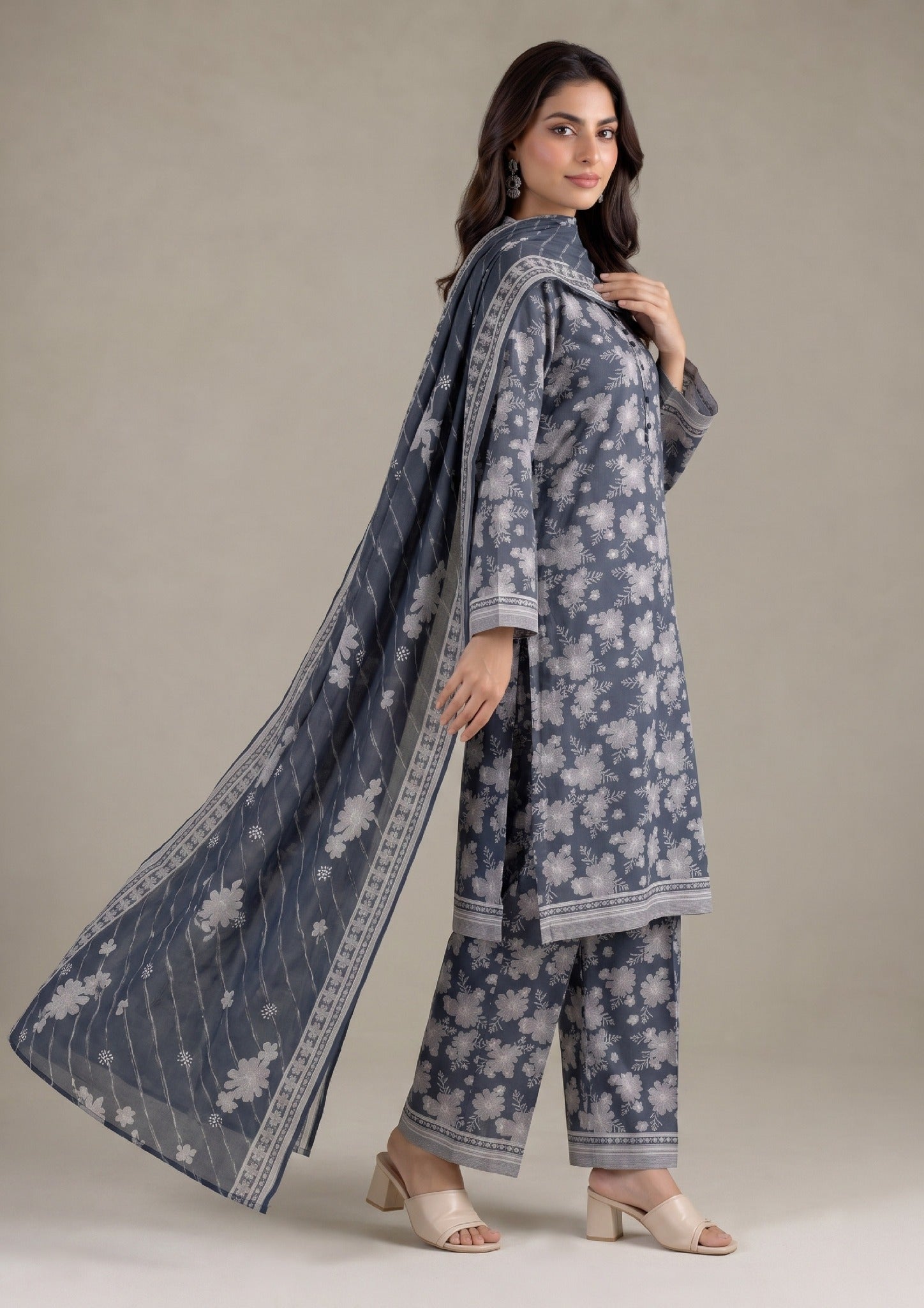 Front detail view of Ethereal Shadow 3 Piece Stitched Lawn Suit highlighting the coordinated floral Printed Lawn dupatta from the fasl-e-rang collection.
