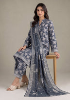 Rear and side profile of Ethereal Shadow 3 Piece Stitched Lawn Suit showcasing the floral printed shirt, trousers, and flowing dupatta by Mirasl.