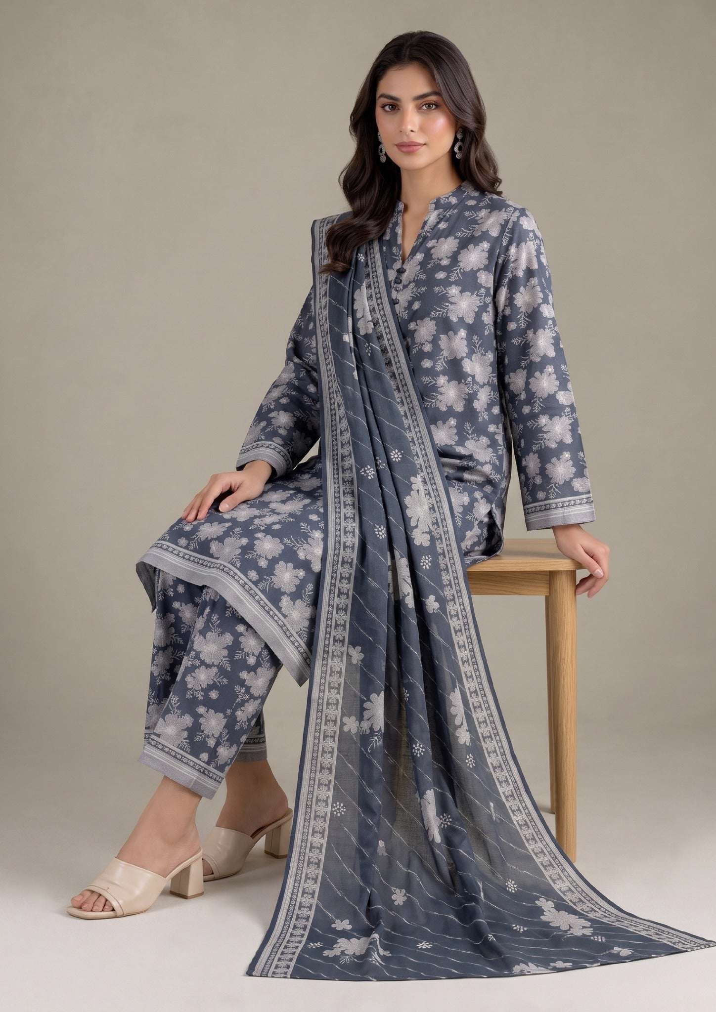 Rear and side profile of Ethereal Shadow 3 Piece Stitched Lawn Suit showcasing the floral printed shirt, trousers, and flowing dupatta by Mirasl.