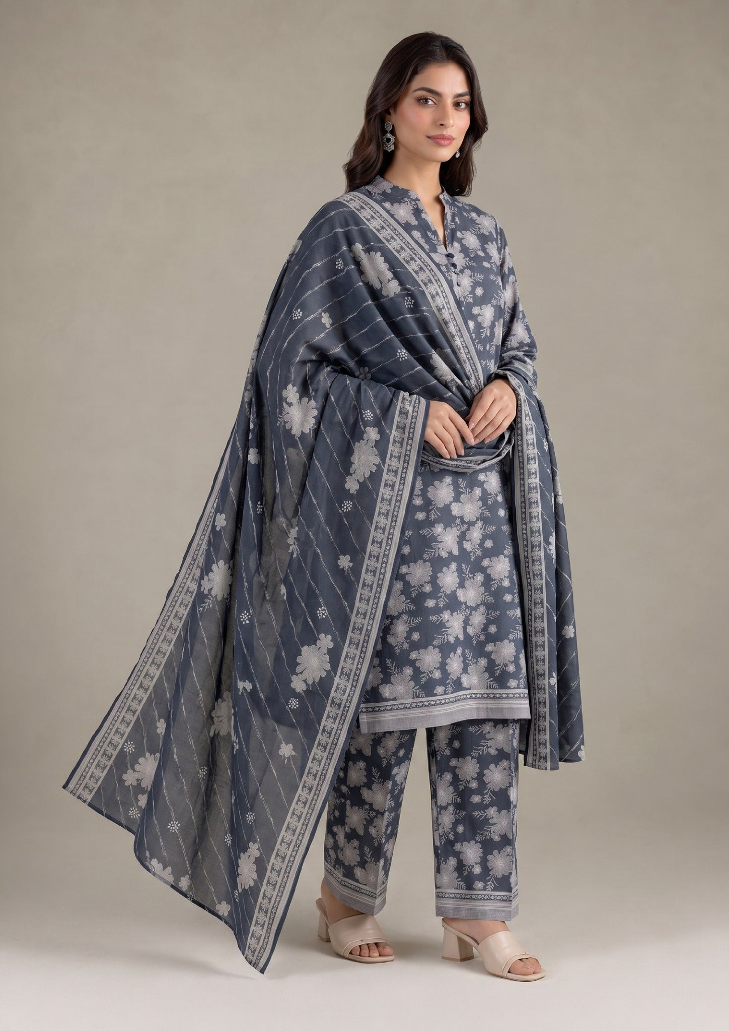 Detail view of Ethereal Shadow 3 Piece Stitched Lawn Suit in Printed Lawn with floral print and matching dupatta.