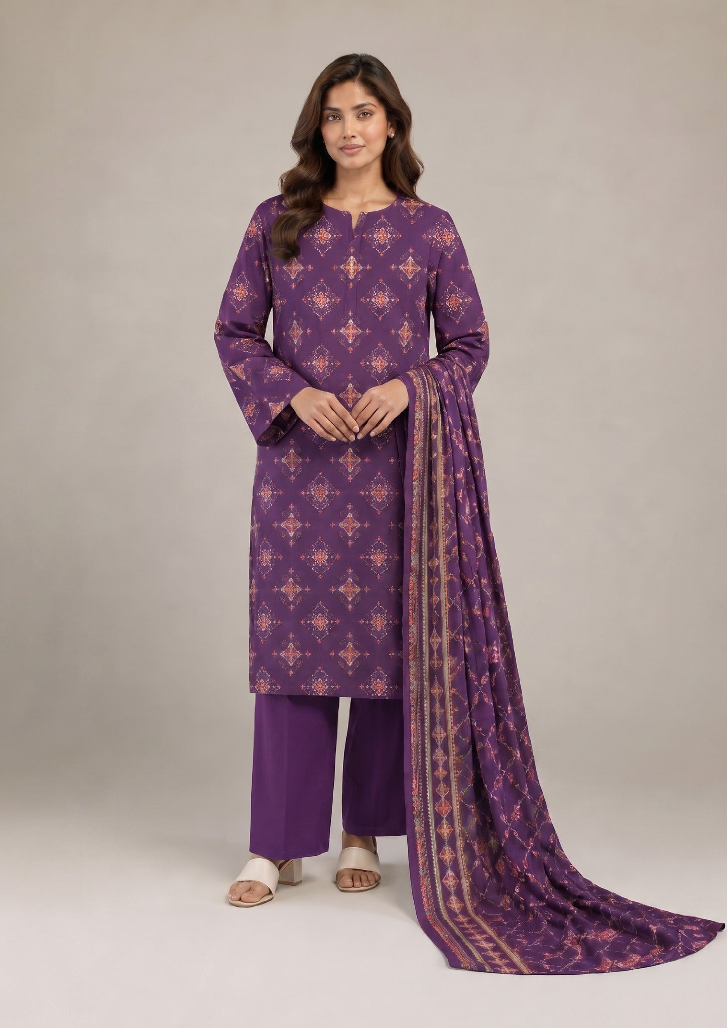 Ethereal Violet 3 Piece Stitched Lawn Suit by Mirasl from the fasl-e-rang collection front view