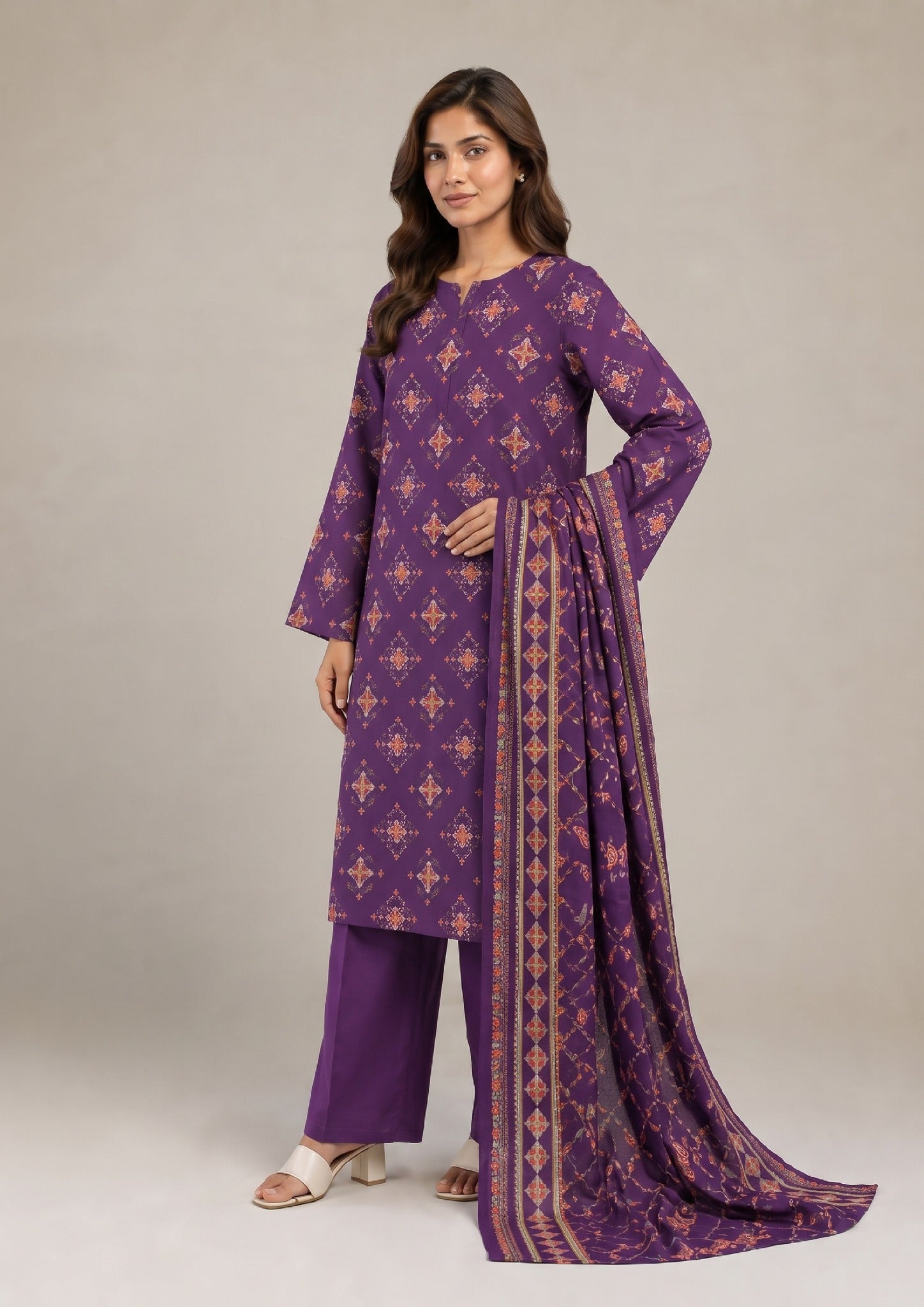 Ethereal Violet Printed Cambric Lawn Suit with printed dupatta by Mirasl