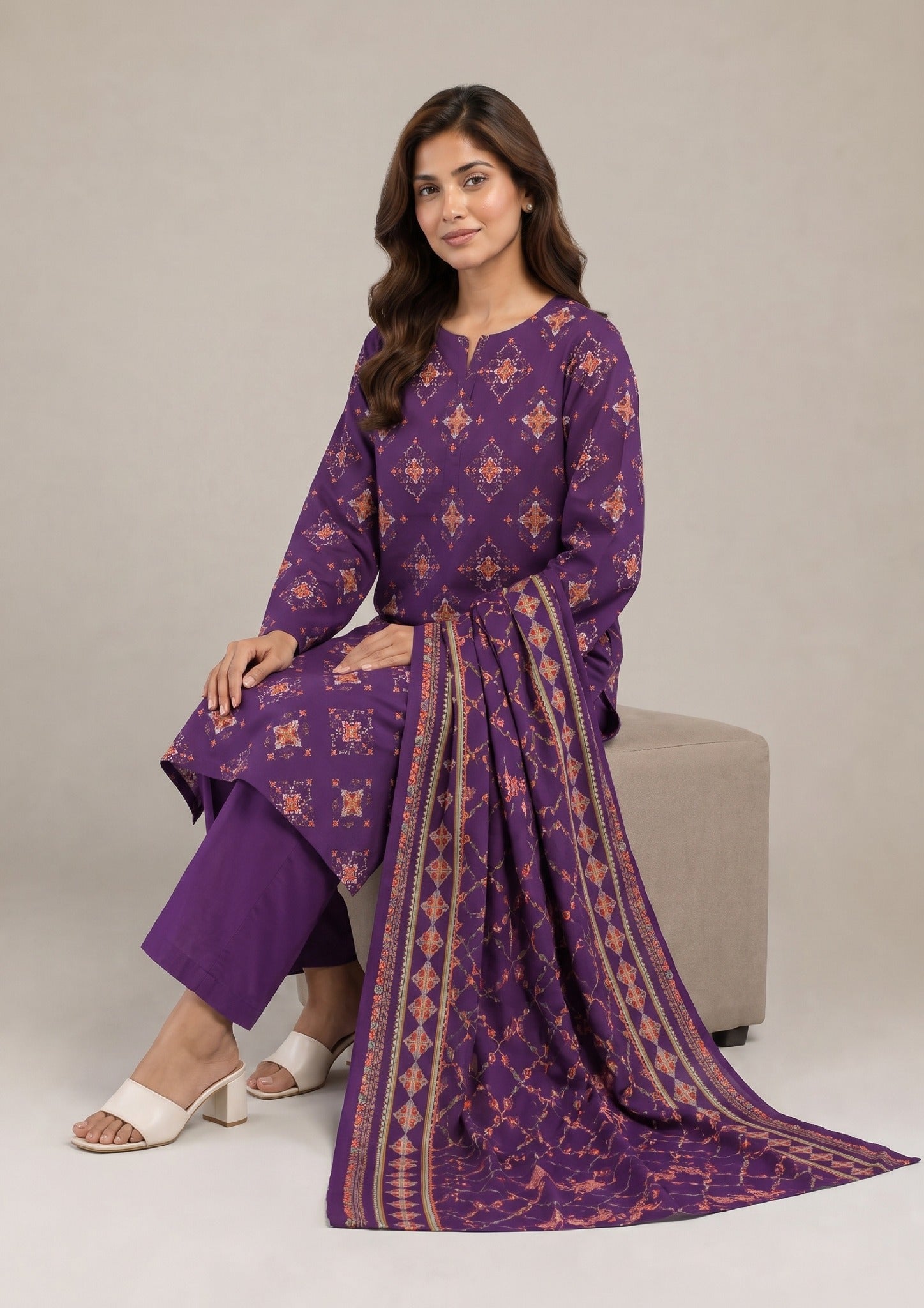 Ethereal Violet Pakistani Ready to Wear Lawn Suit seated view