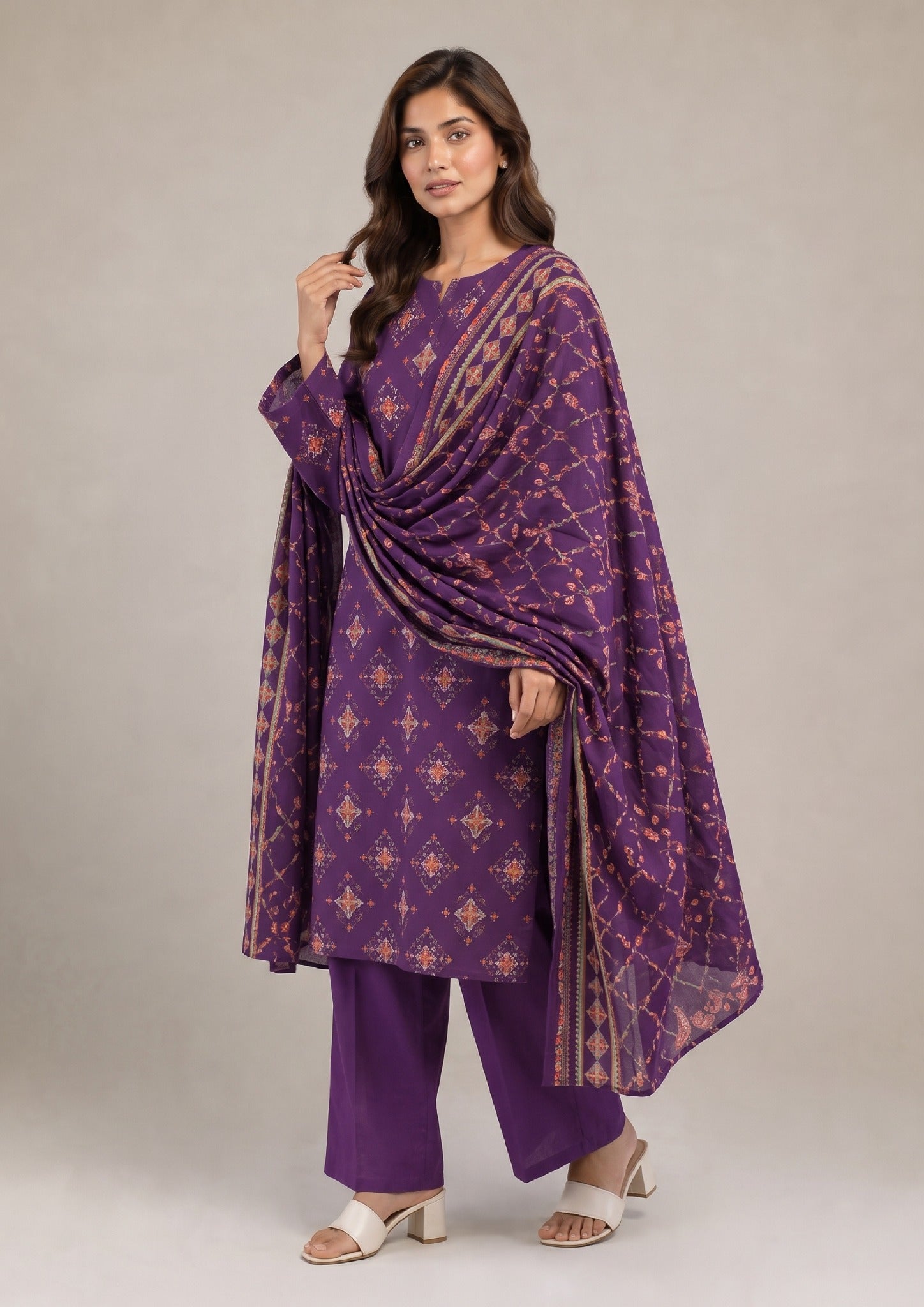 Ethereal Violet women's 3 Piece Stitched Lawn Suit back view
