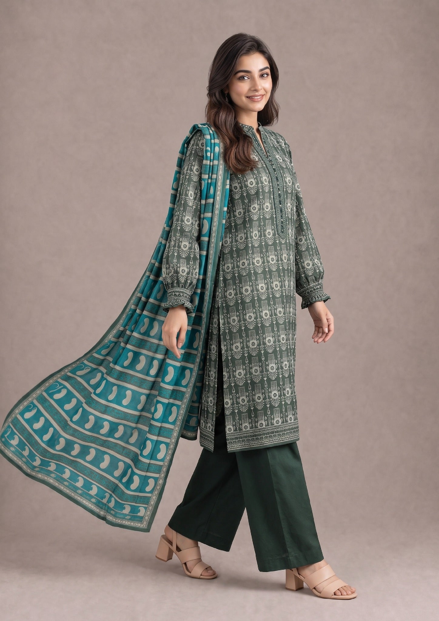 Forest Echoes Printed Cambric Lawn Suit with printed dupatta by Mirasl