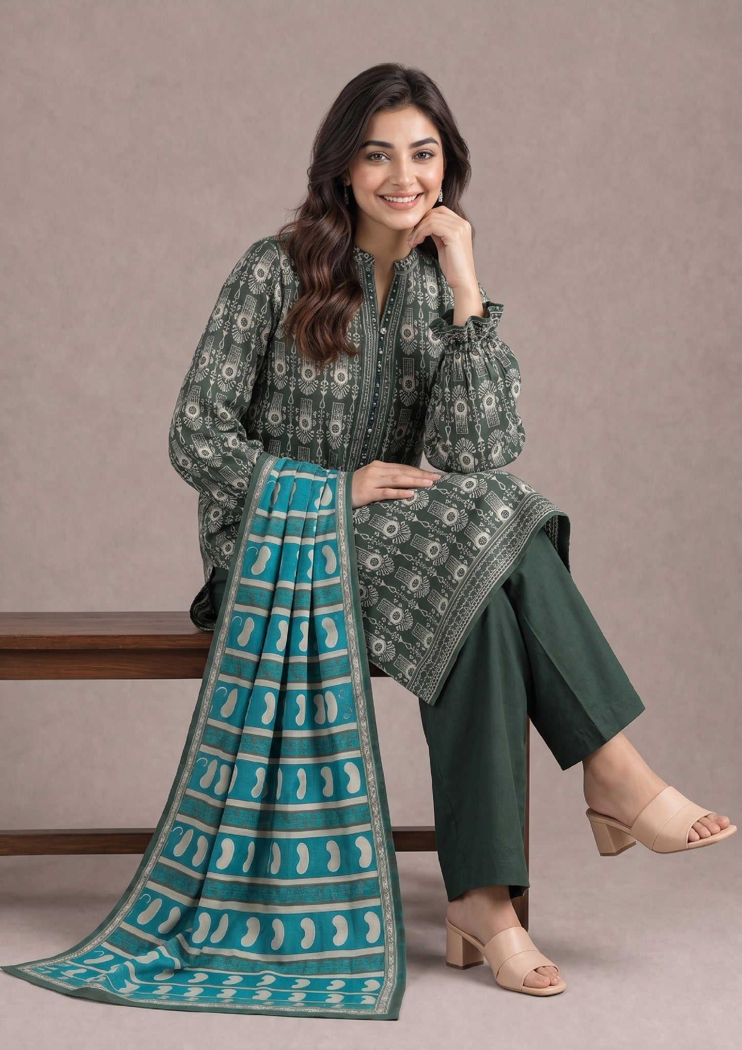 Forest Echoes 3 Piece Stitched Lawn Suit seated view