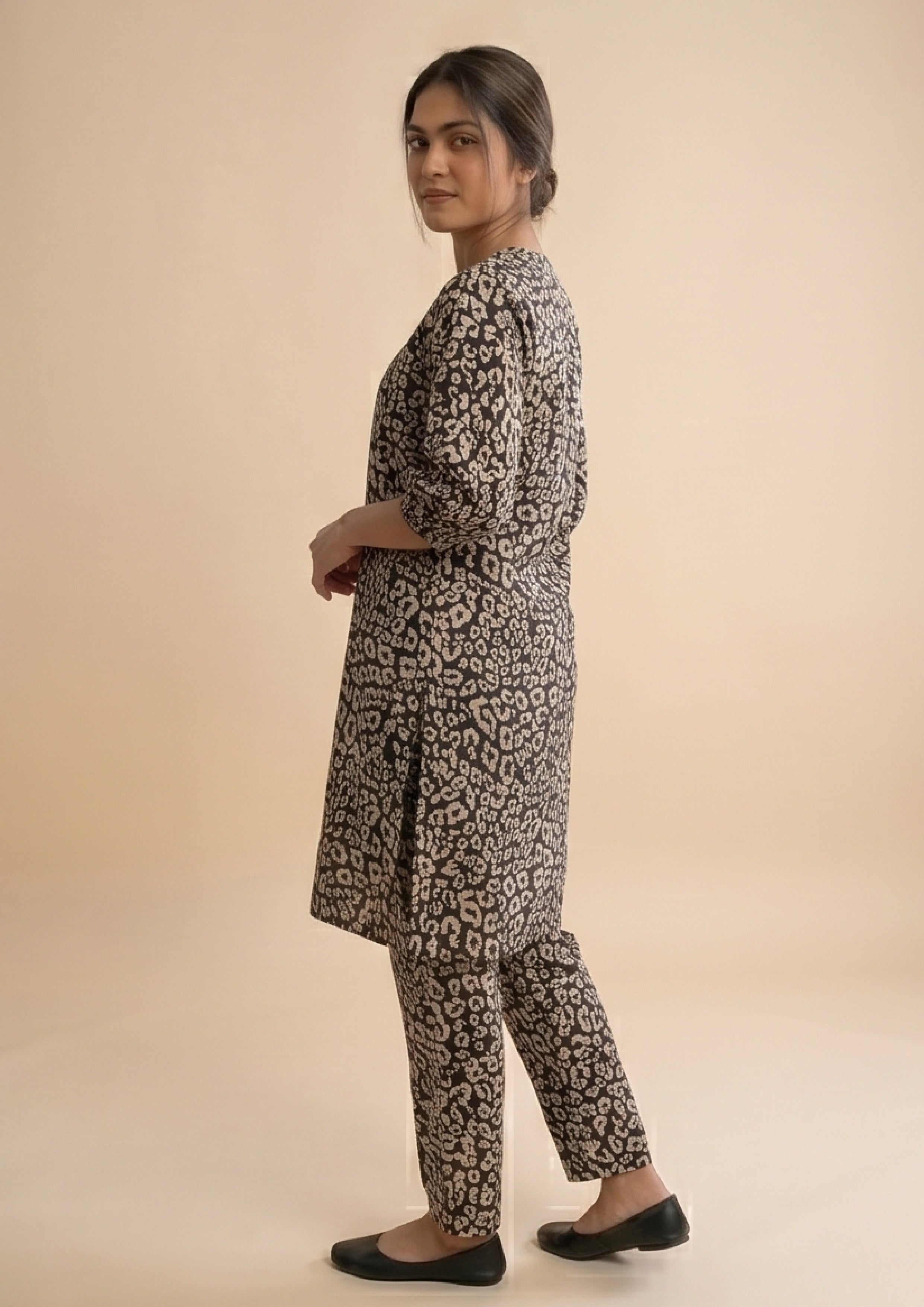 Full look of Golden Print Co-ord ready to wear 2 piece coard suit in midnight black with sandy gold print by Mirasl