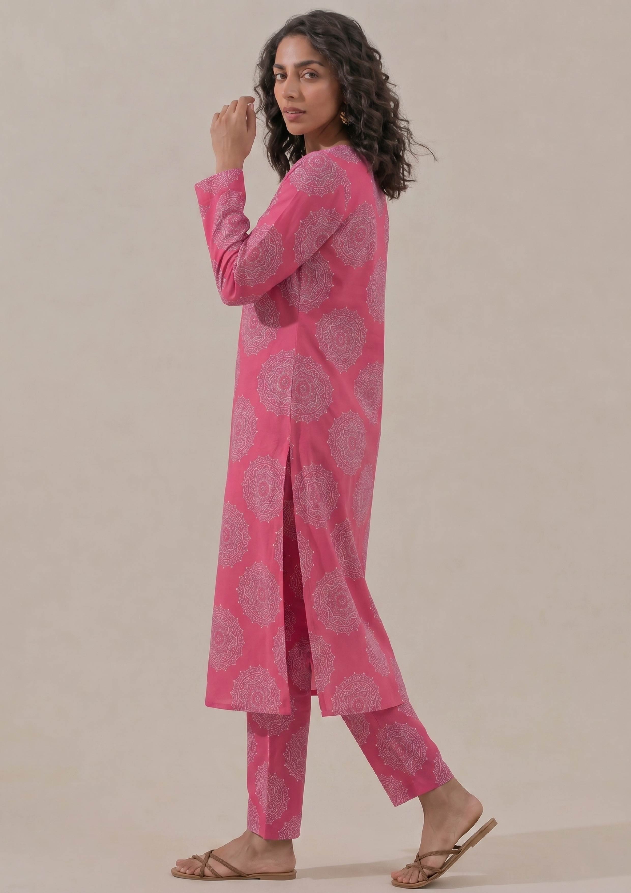 Side view of Mirasl Fuchsia Mandala co-ord set showing pink printed shirt, relaxed fit, and side slit.