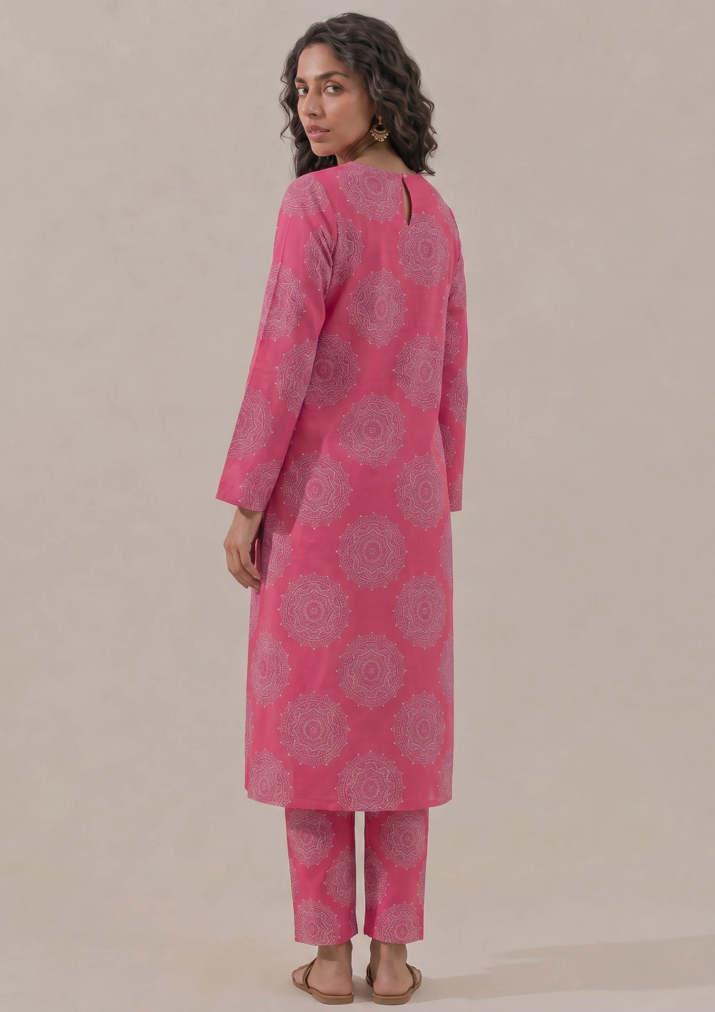 Back view of Mirasl Fuchsia Mandala stitched lawn 2 piece co-ord set with matching printed shirt and trouser.