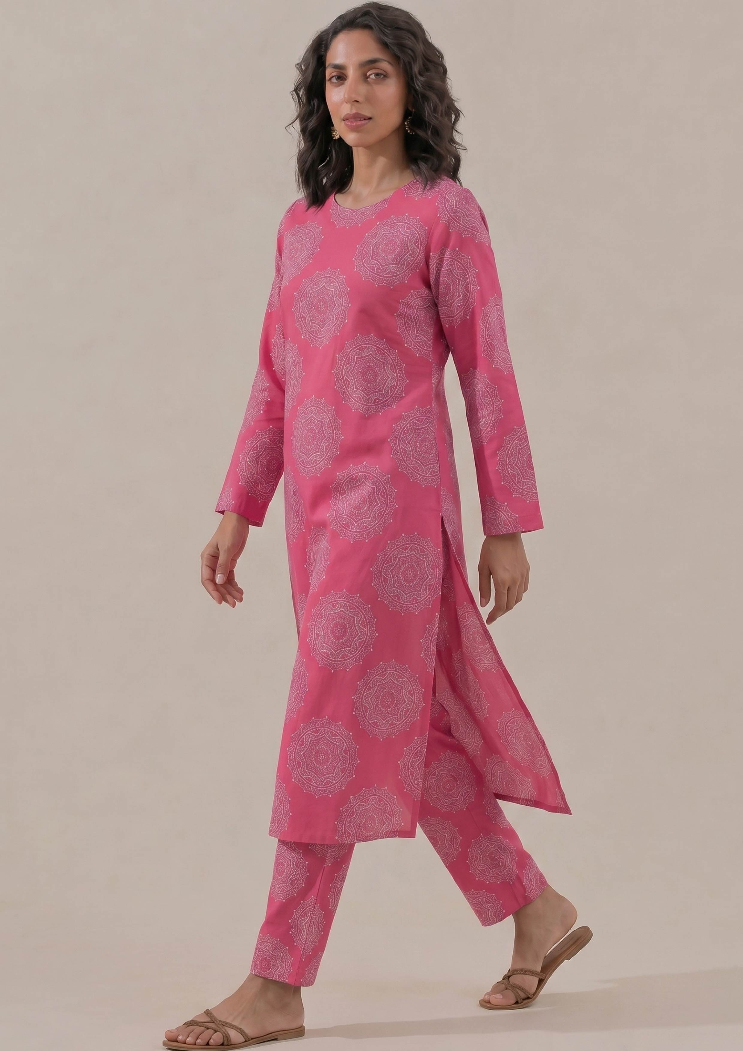Walking view of Mirasl Fuchsia Mandala co-ord set featuring fuchsia pink print and relaxed straight fit.
