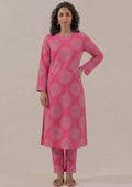 Front view of Mirasl Fuchsia Mandala co-ord set with pink printed shirt and matching trouser.